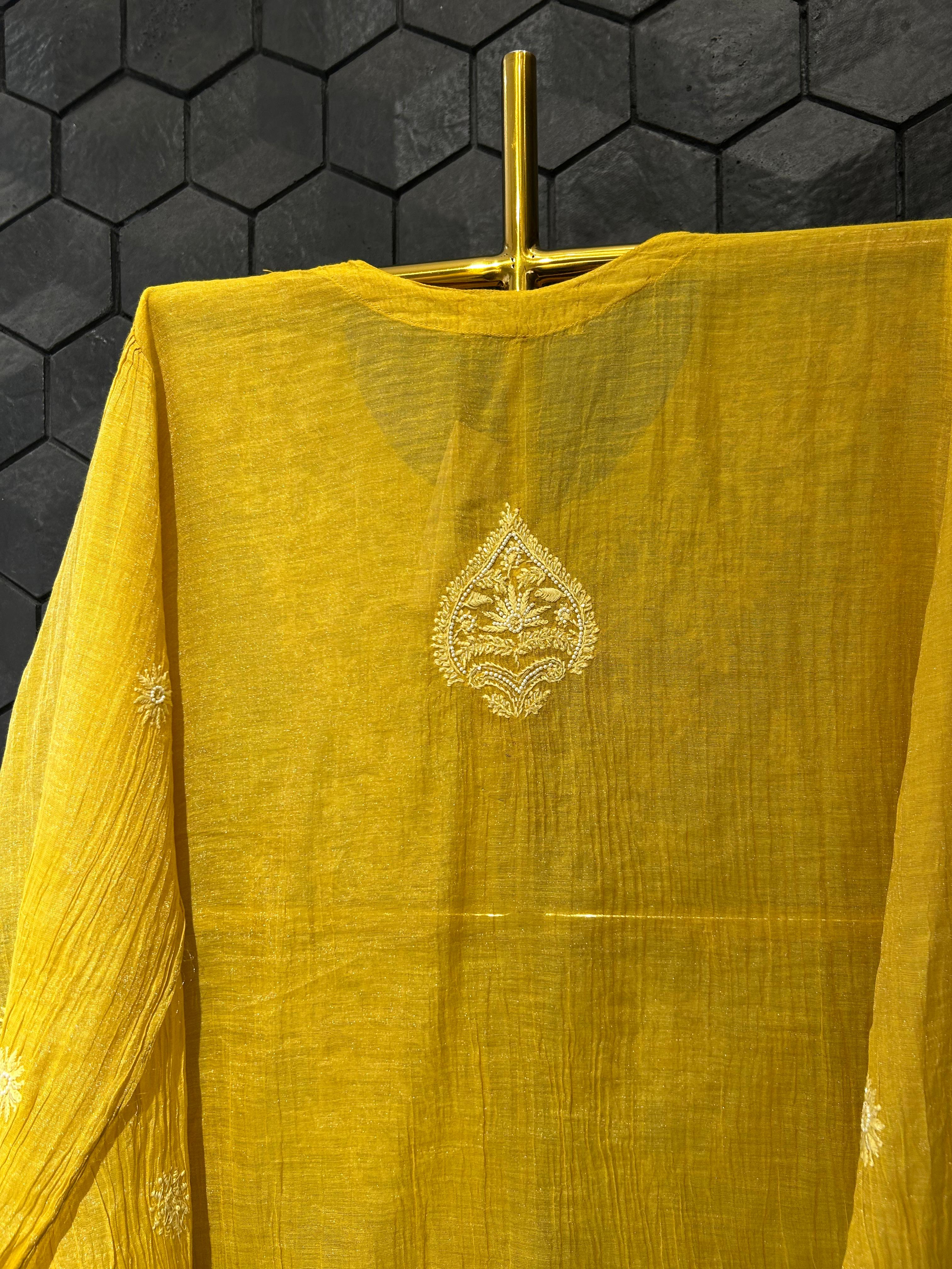Mustard tissue chikankari co-ord set