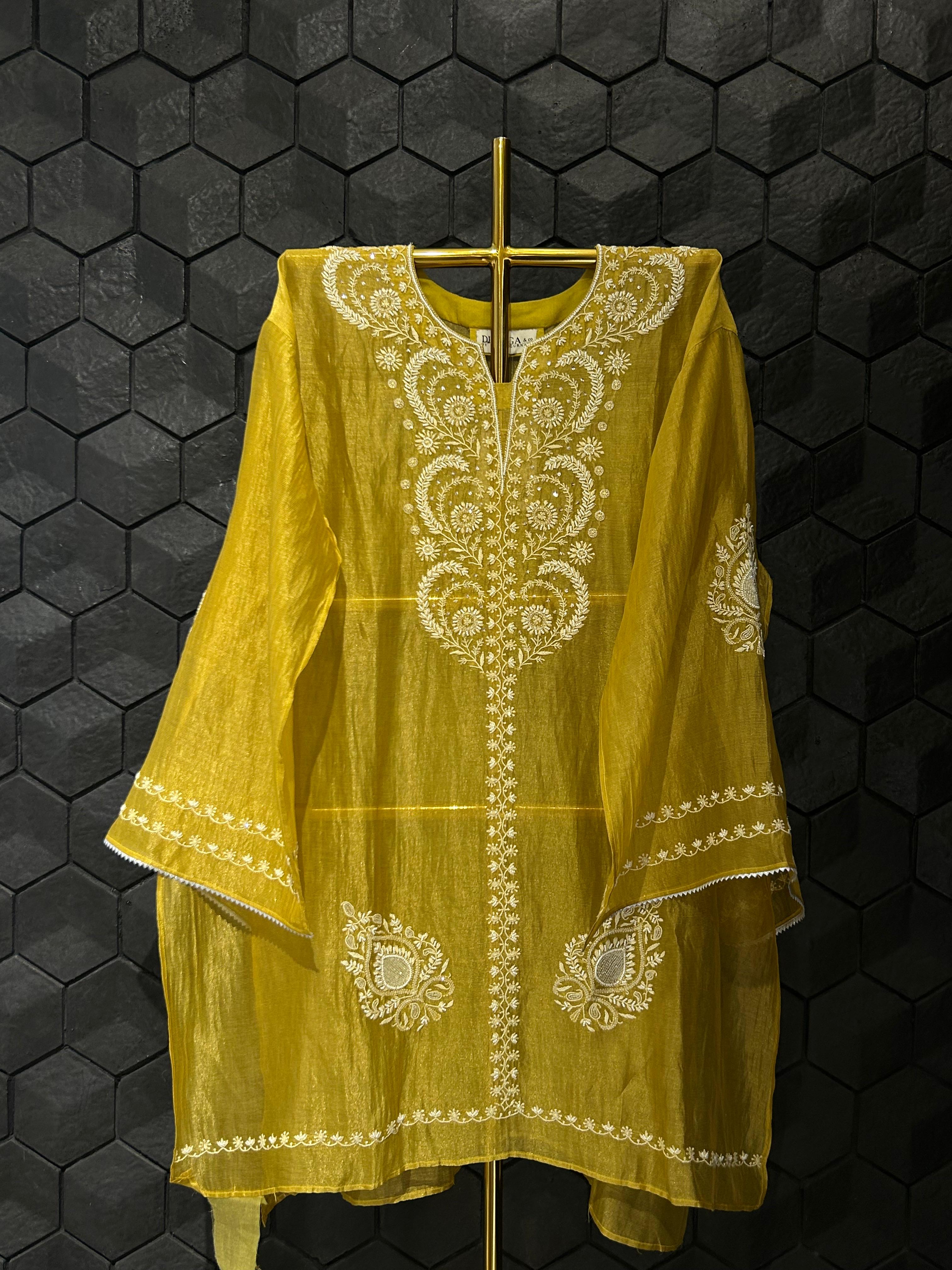 lime green stripe tissue chikankari co-ord set