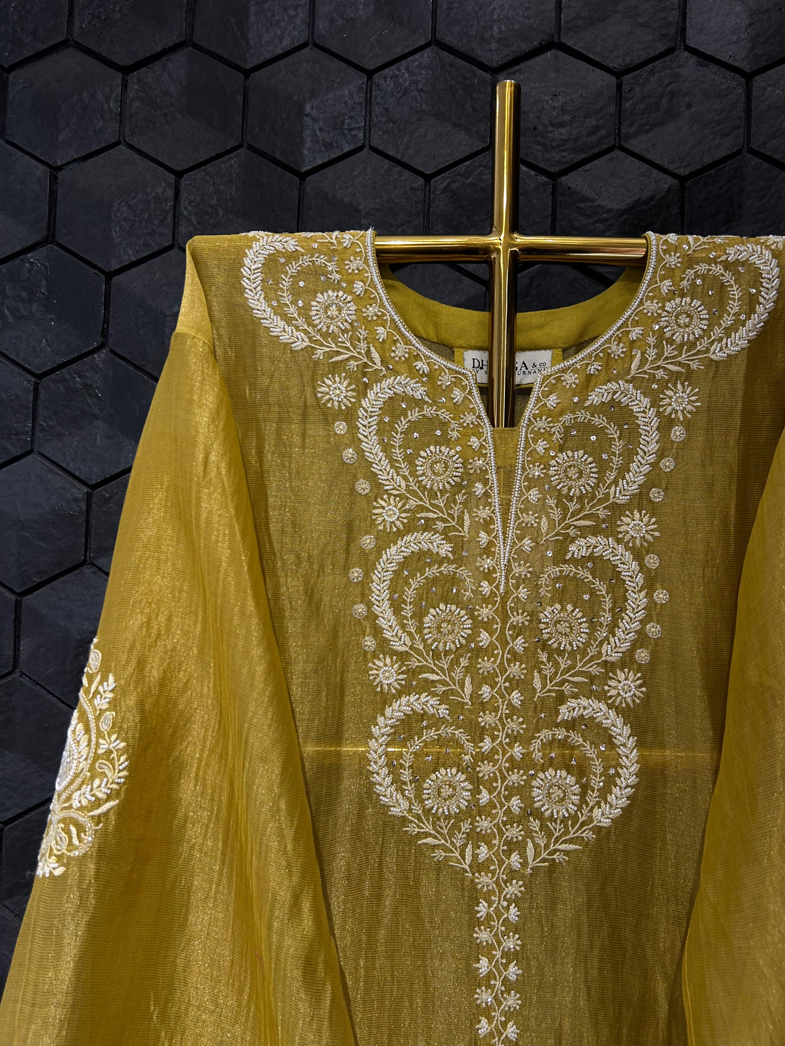 lime green stripe tissue chikankari co-ord set