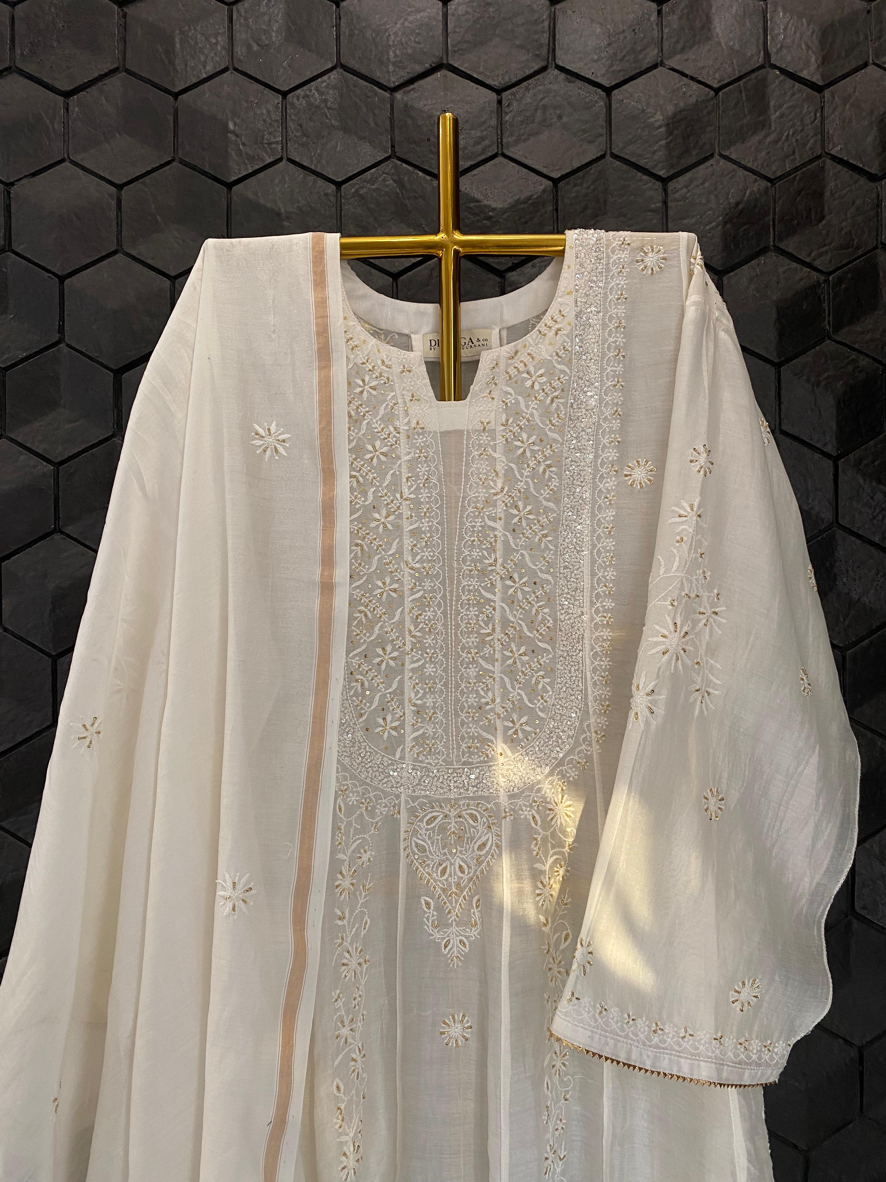 White Mul chanderi chikankari anarkali set