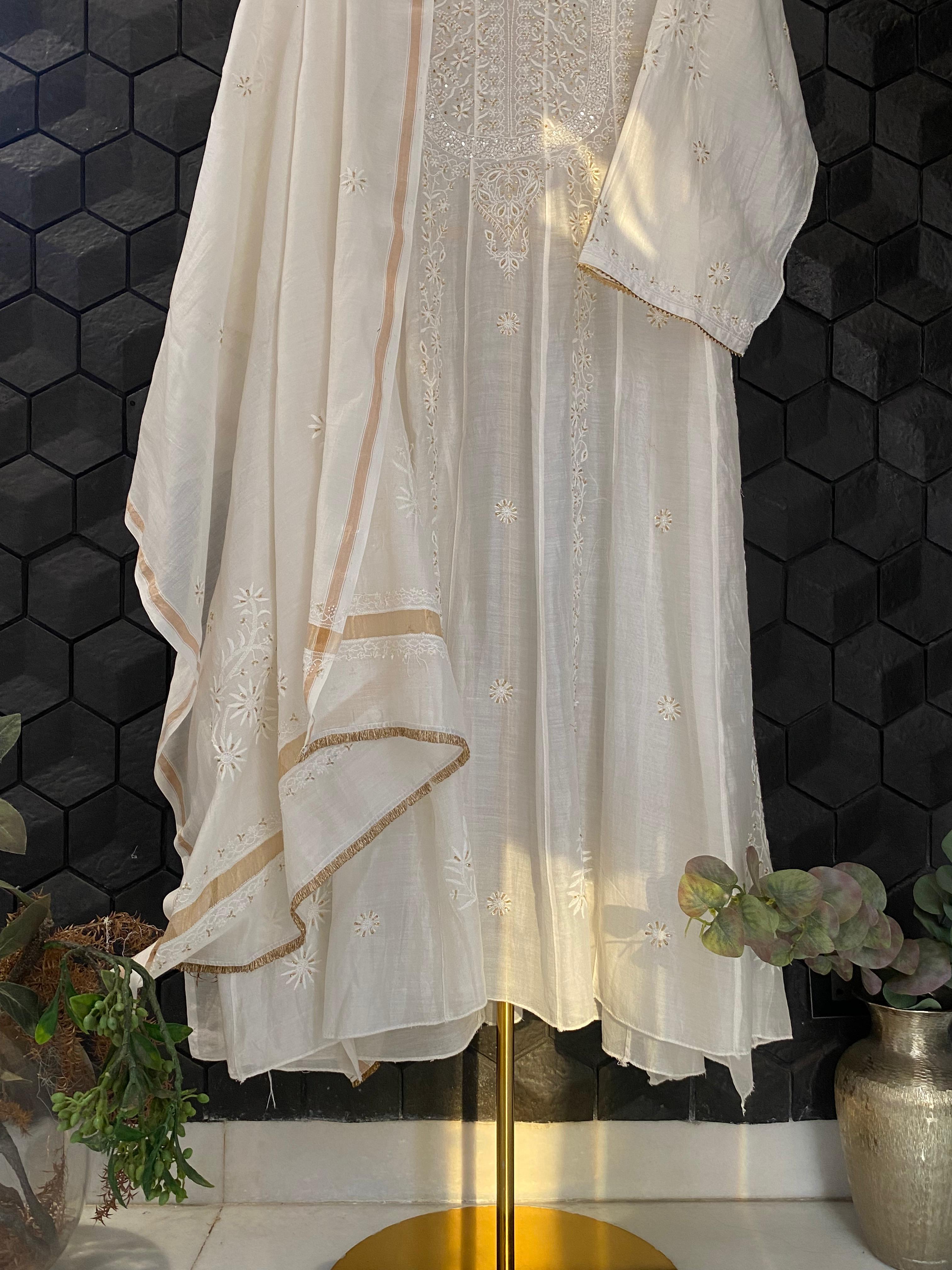 White Mul chanderi chikankari anarkali set