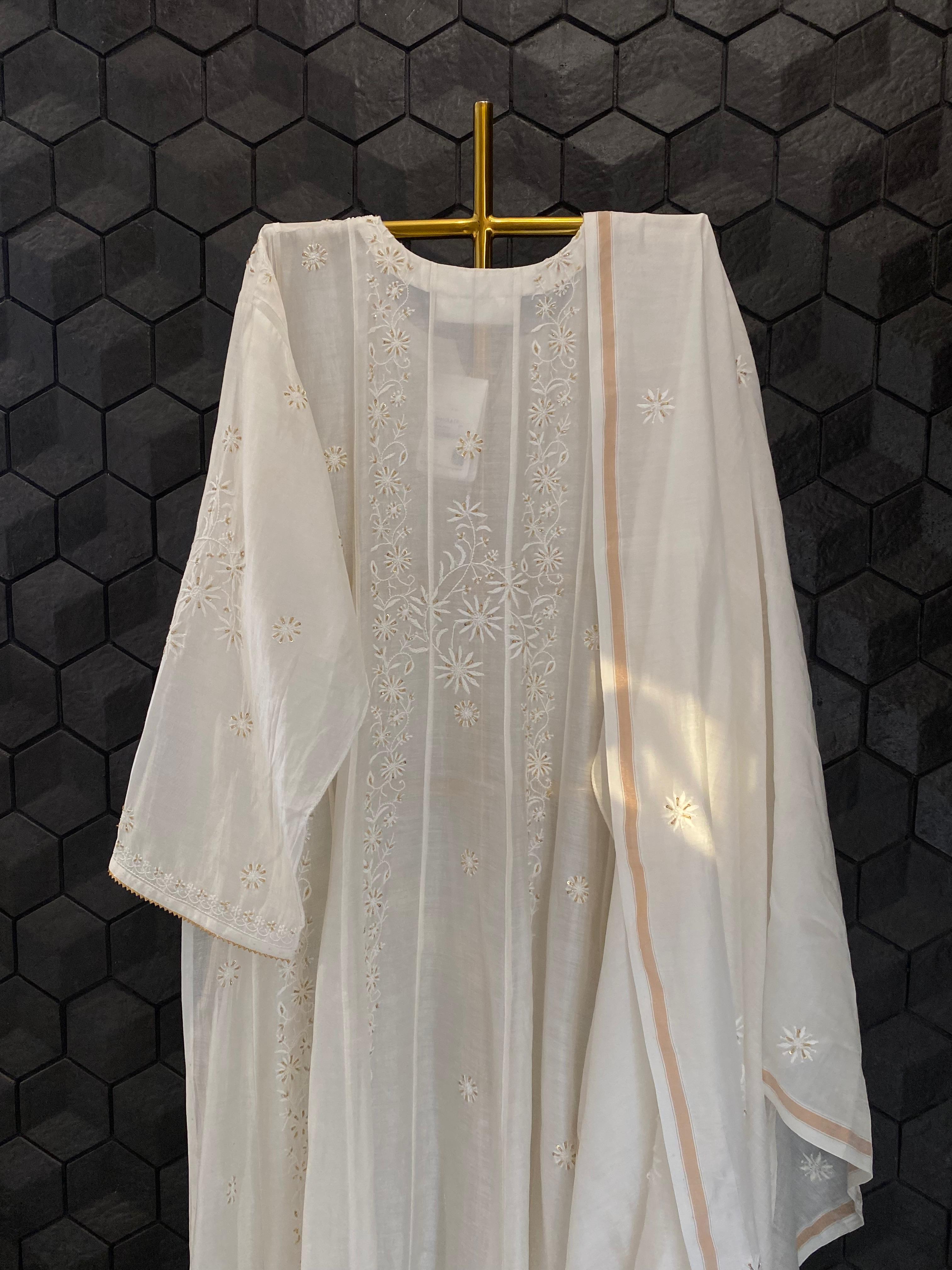 White Mul chanderi chikankari anarkali set