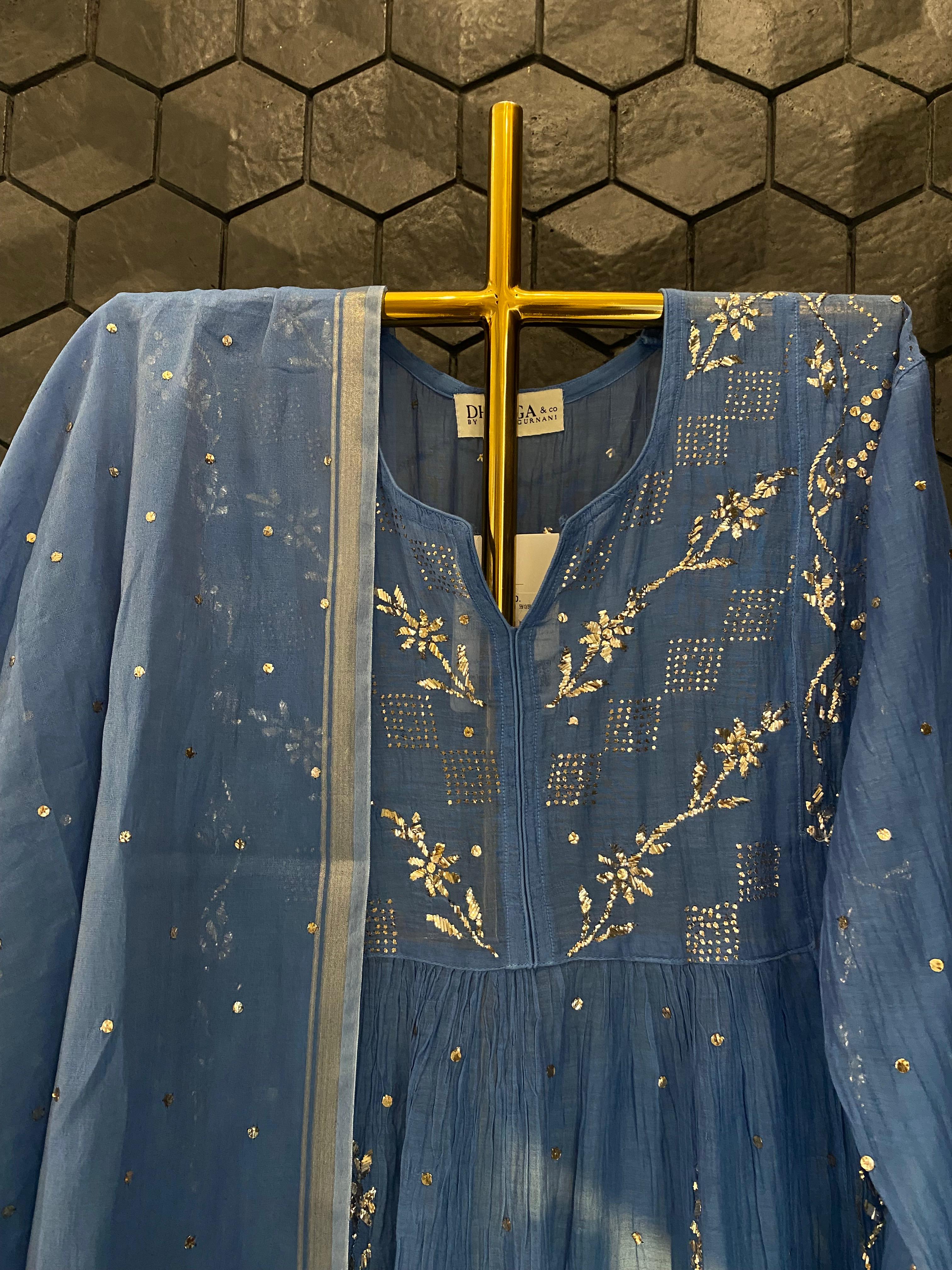 Cobalt blue mul chanderi mukaish kurta set