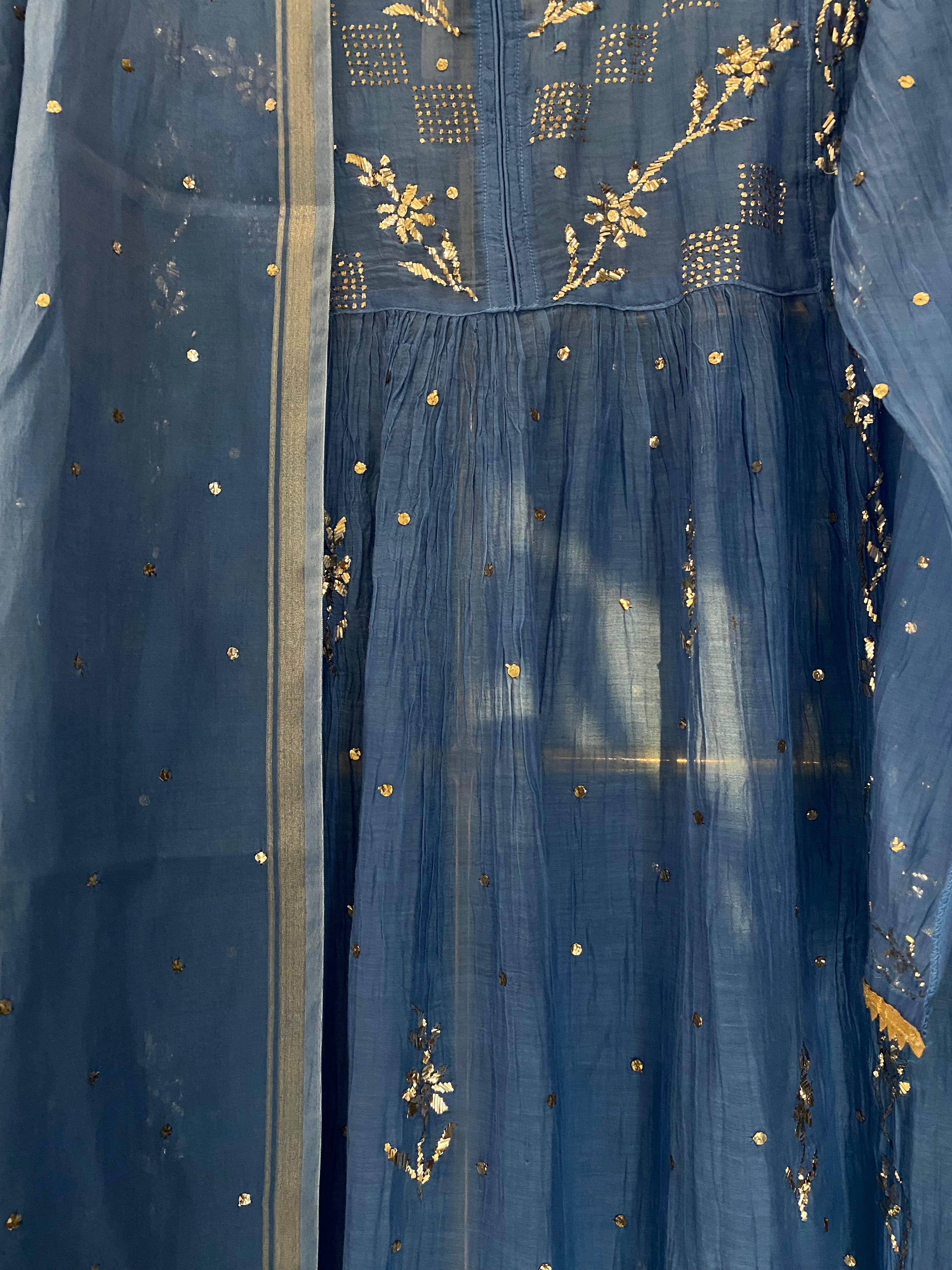 Cobalt blue mul chanderi mukaish kurta set