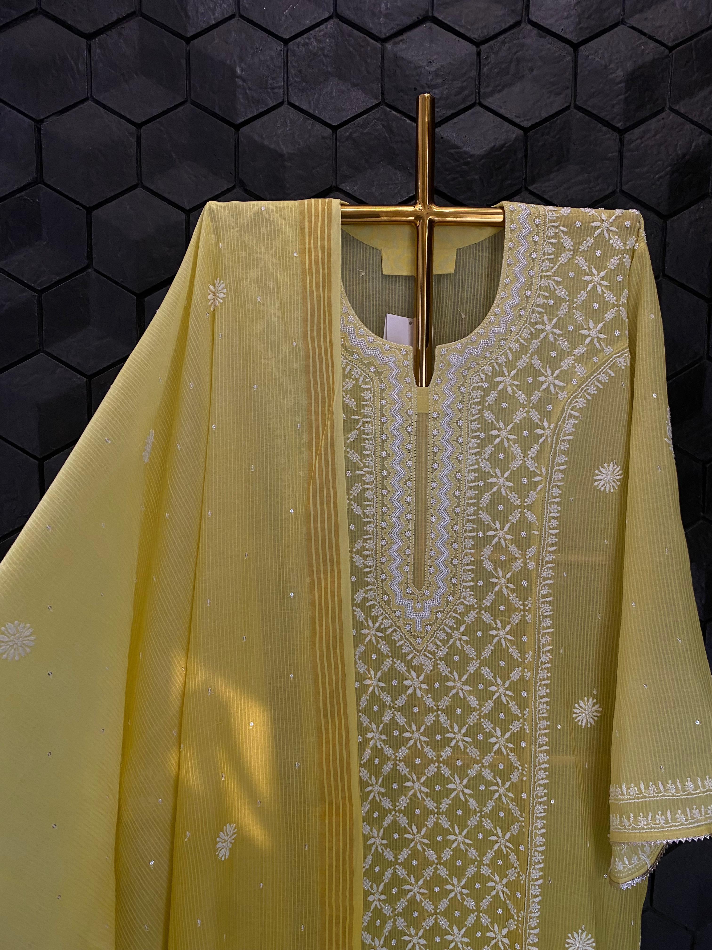 Lime green maheshwari chikankari kurta set