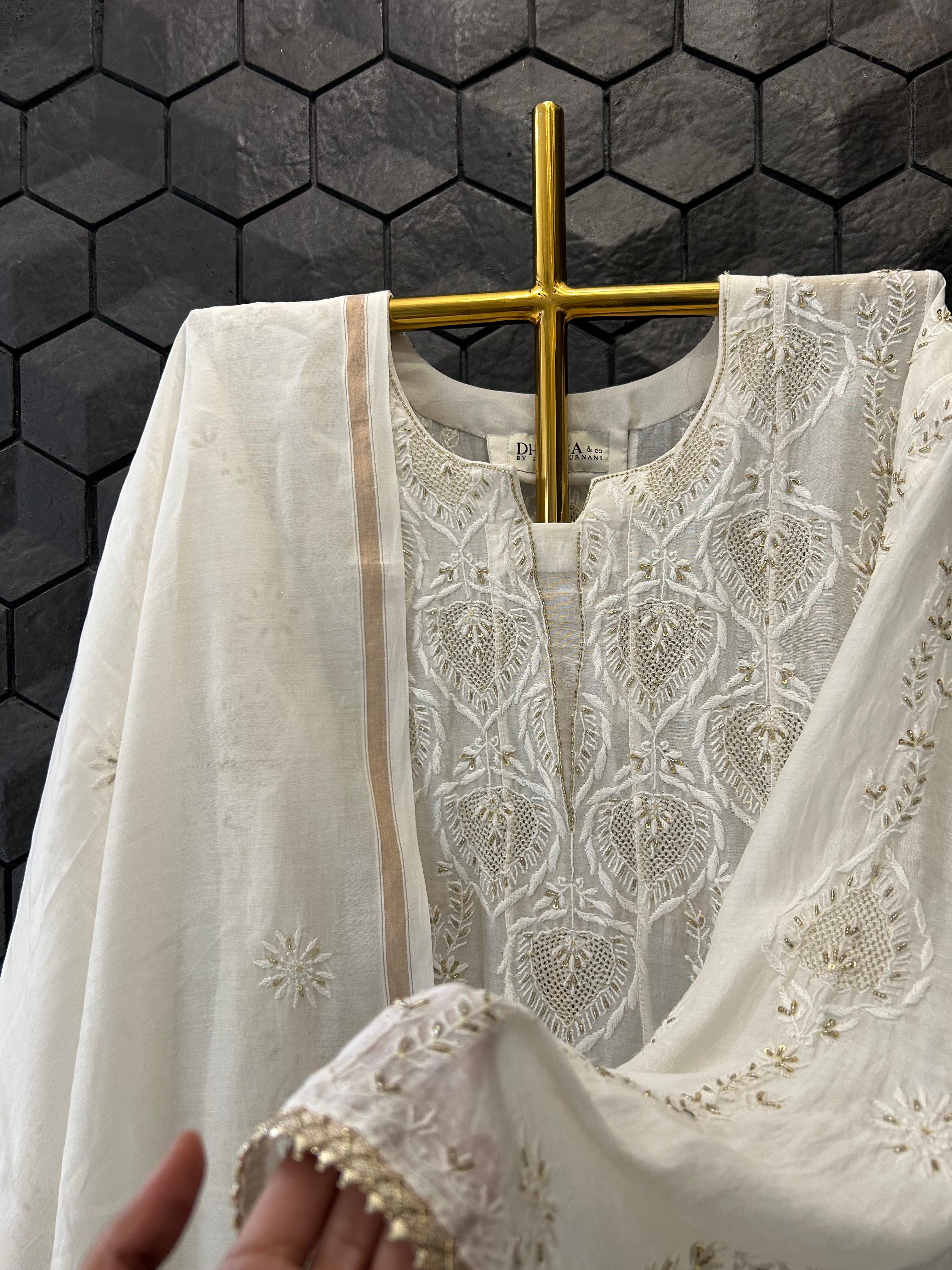 White mul chanderi chikankari anarkali set