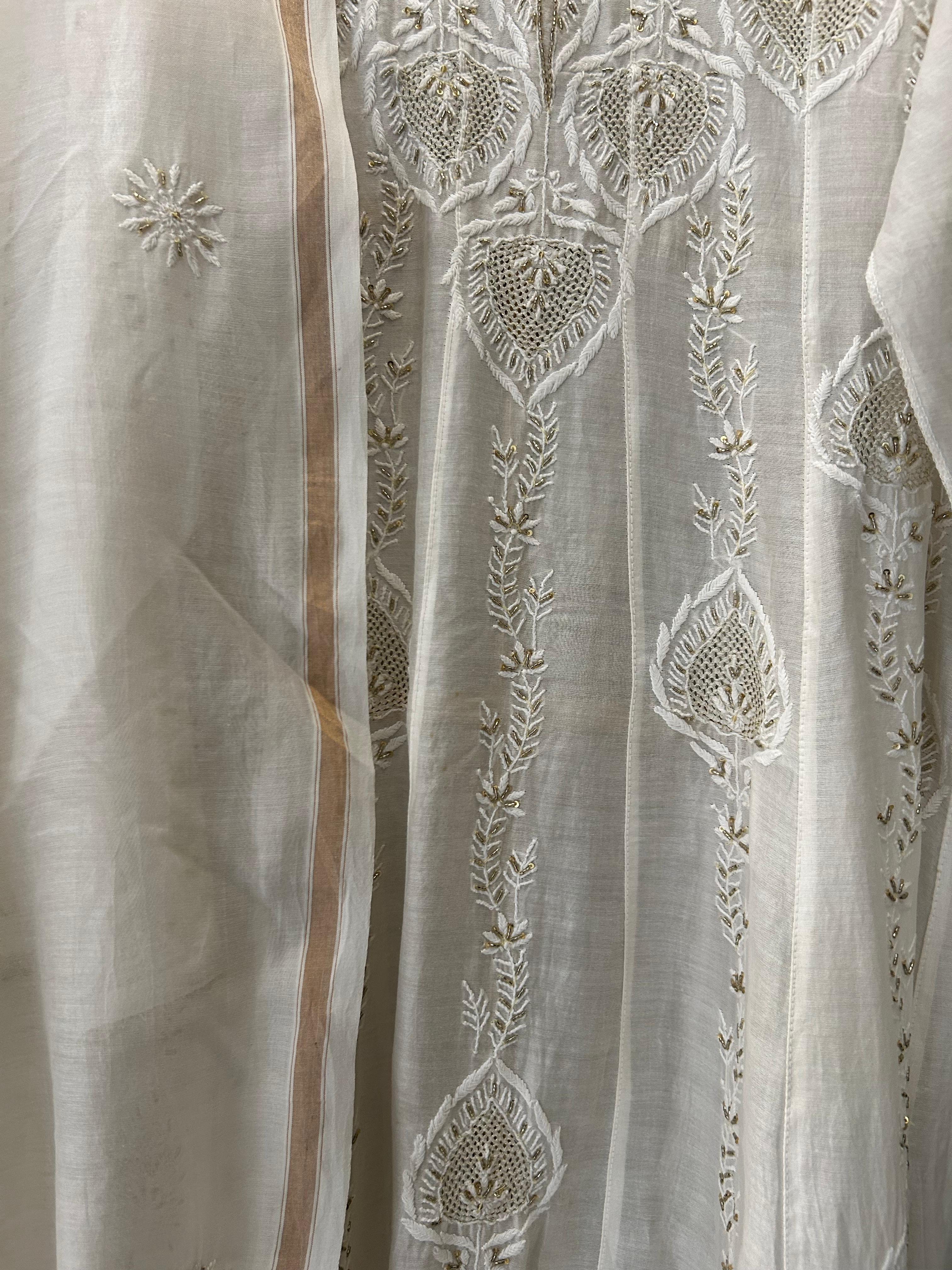 White mul chanderi chikankari anarkali set