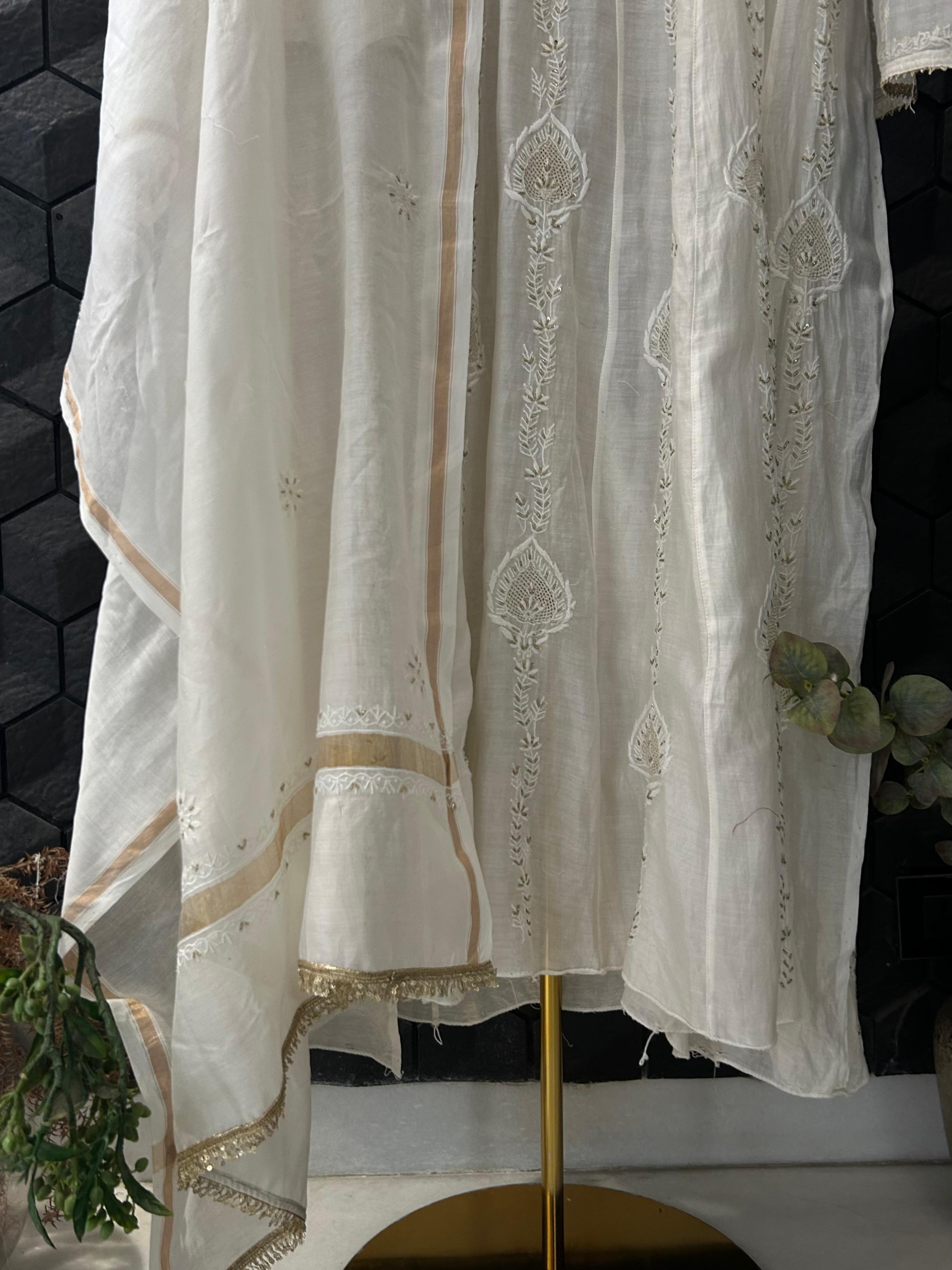White mul chanderi chikankari anarkali set
