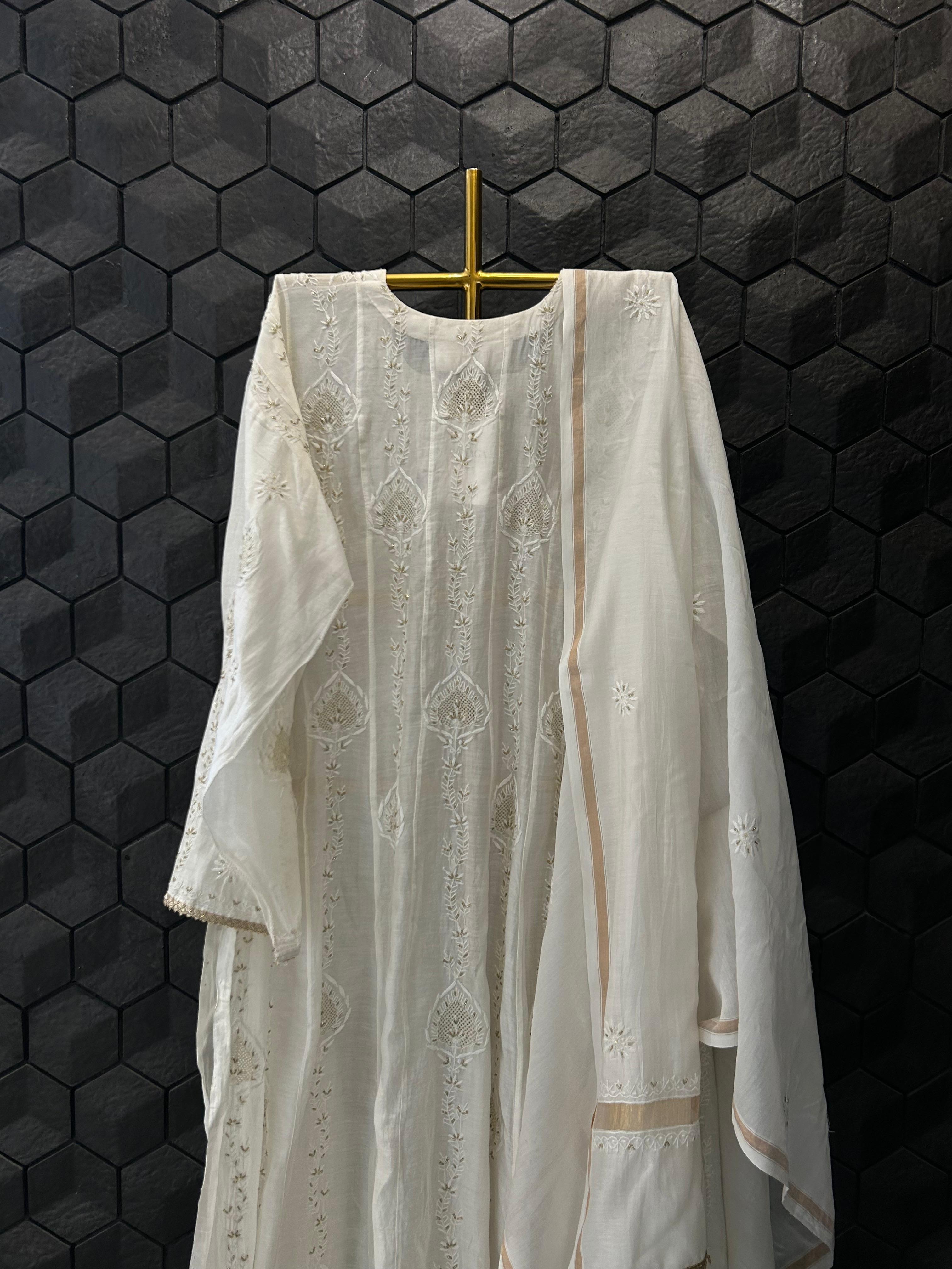 White mul chanderi chikankari anarkali set