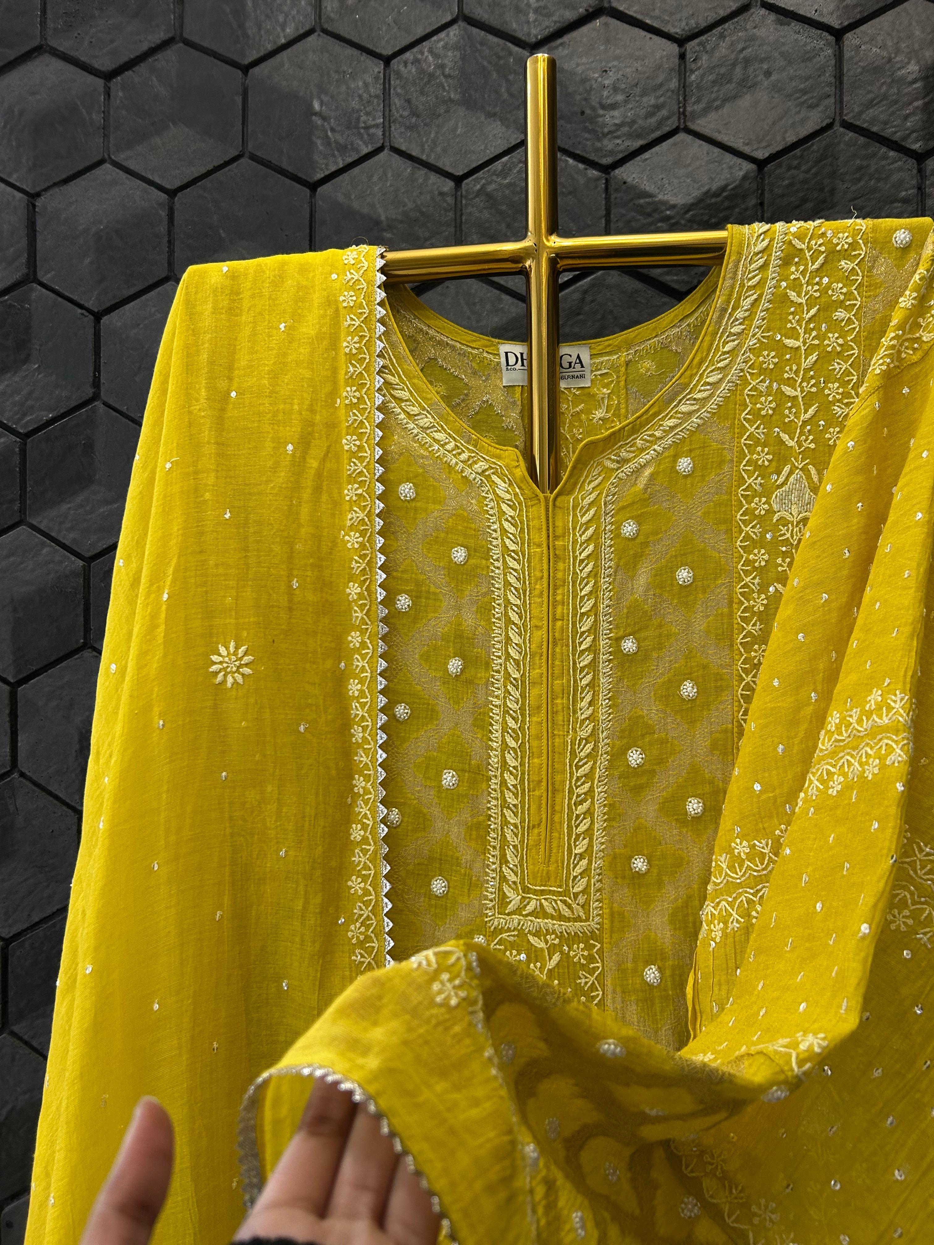 Lime green tissue chikankari anarkali set