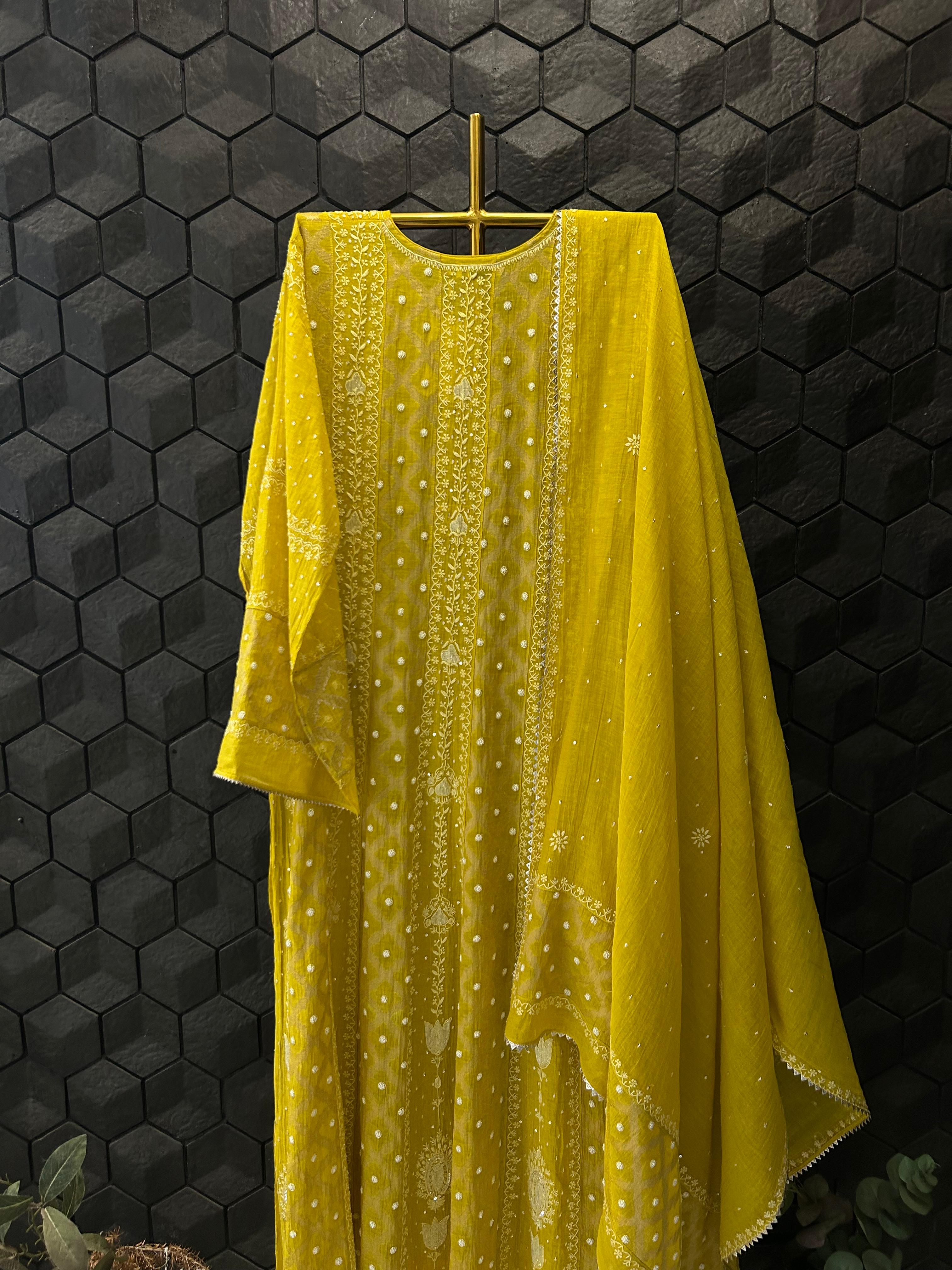 Lime green tissue chikankari anarkali set