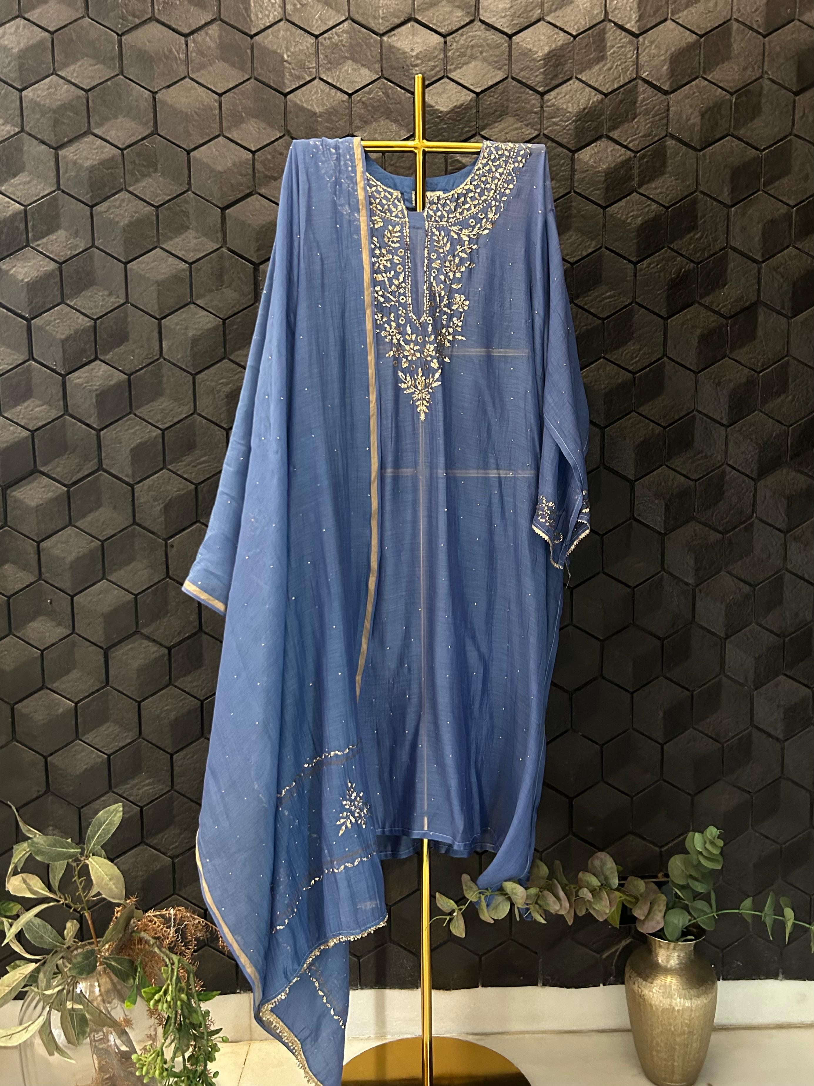 Cobalt blue mul chanderi mukaish kurta set
