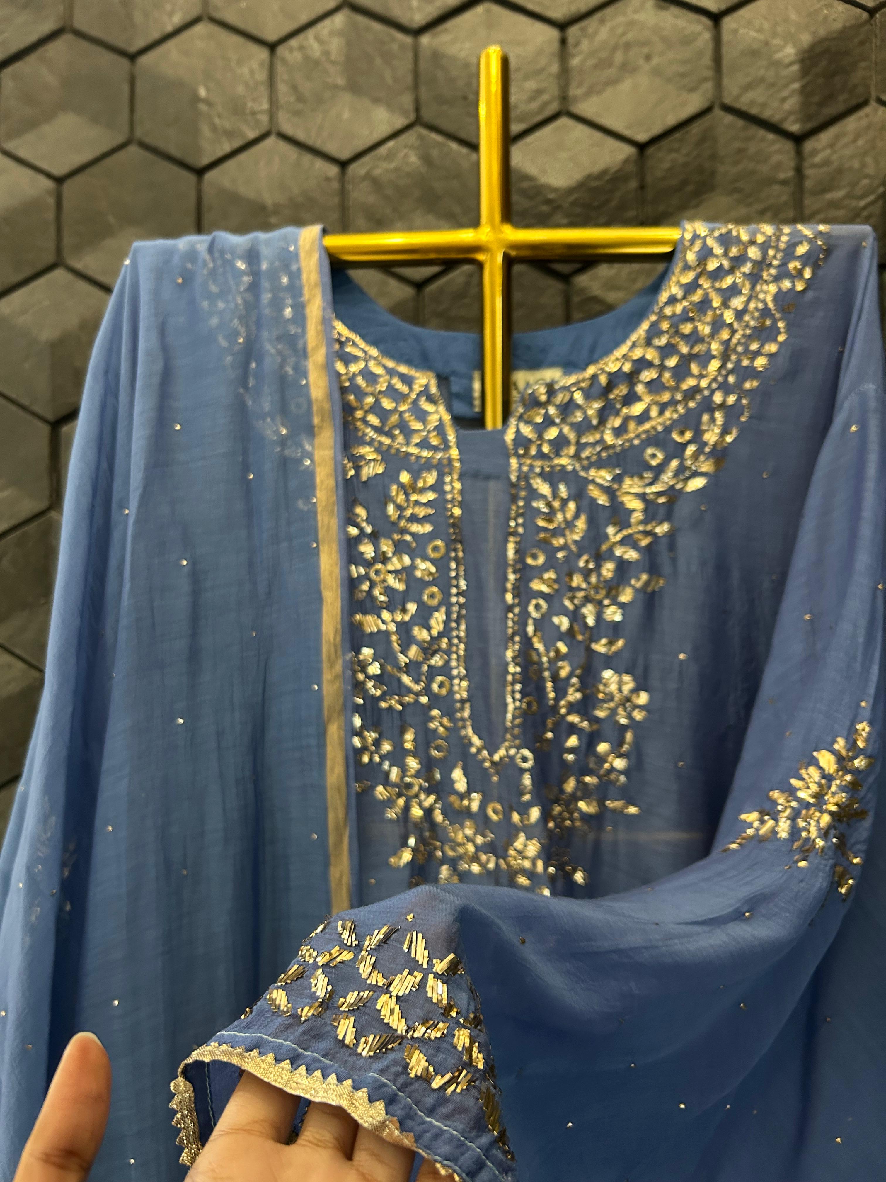 Cobalt blue mul chanderi mukaish kurta set