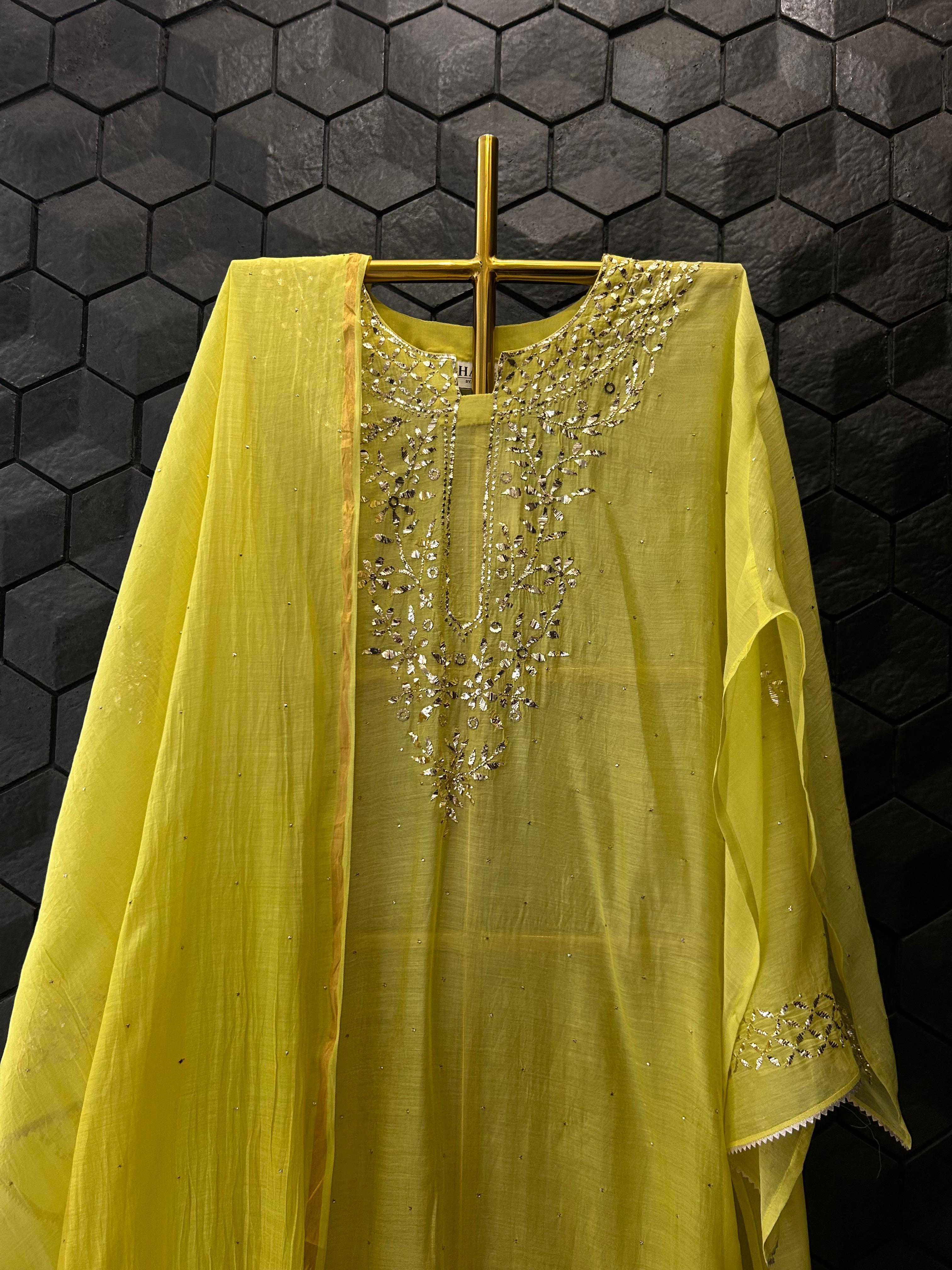 Lime yellow mul chanderi mukaish kurta set