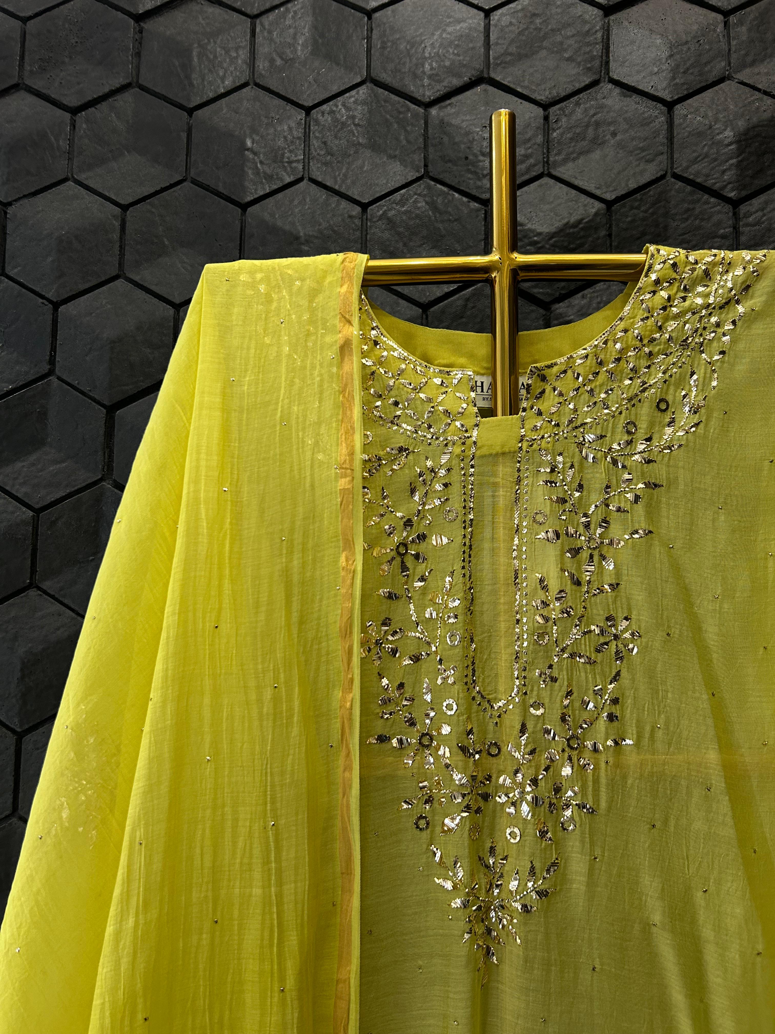 Lime yellow mul chanderi mukaish kurta set
