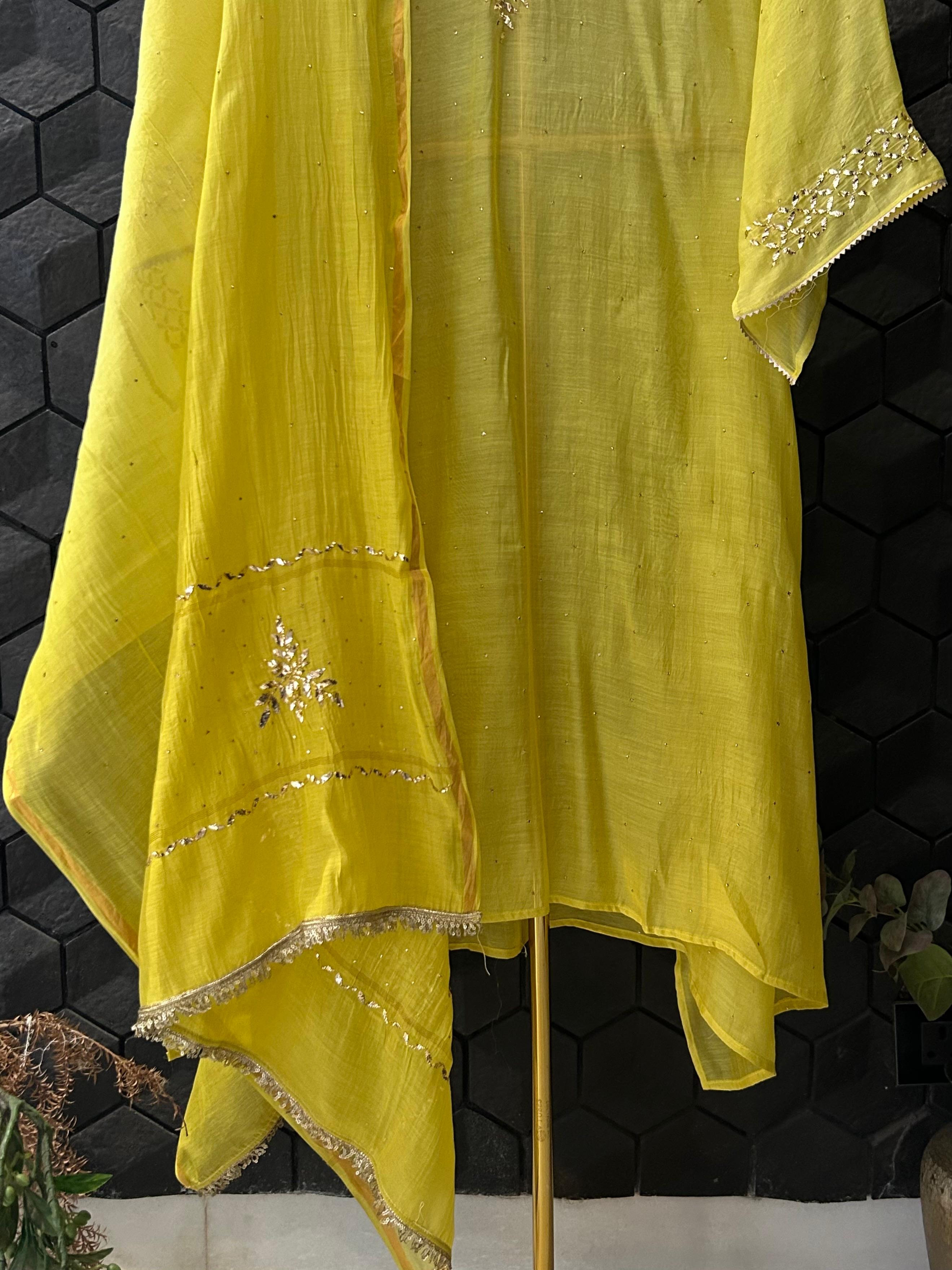 Lime yellow mul chanderi mukaish kurta set