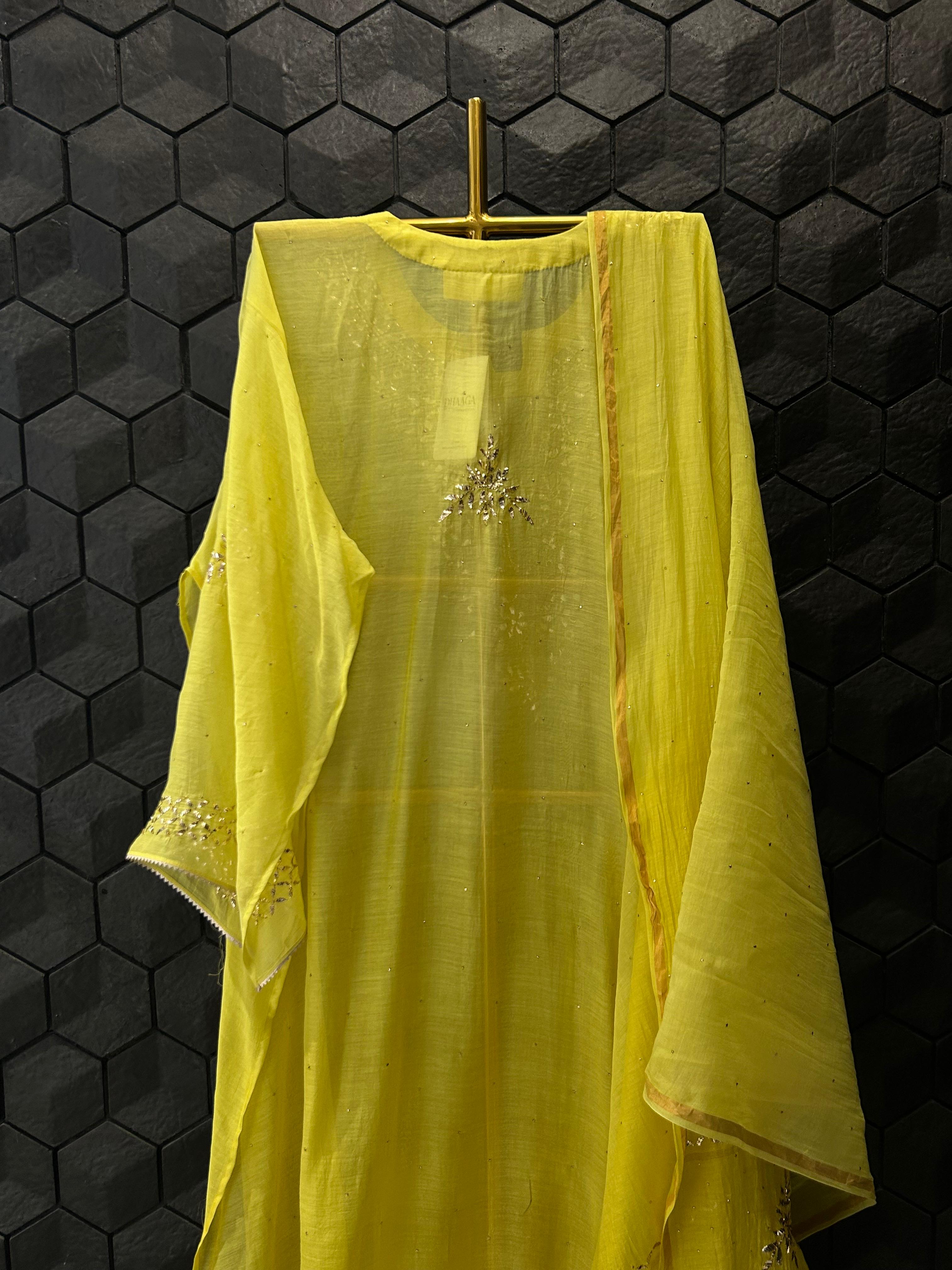 Lime yellow mul chanderi mukaish kurta set