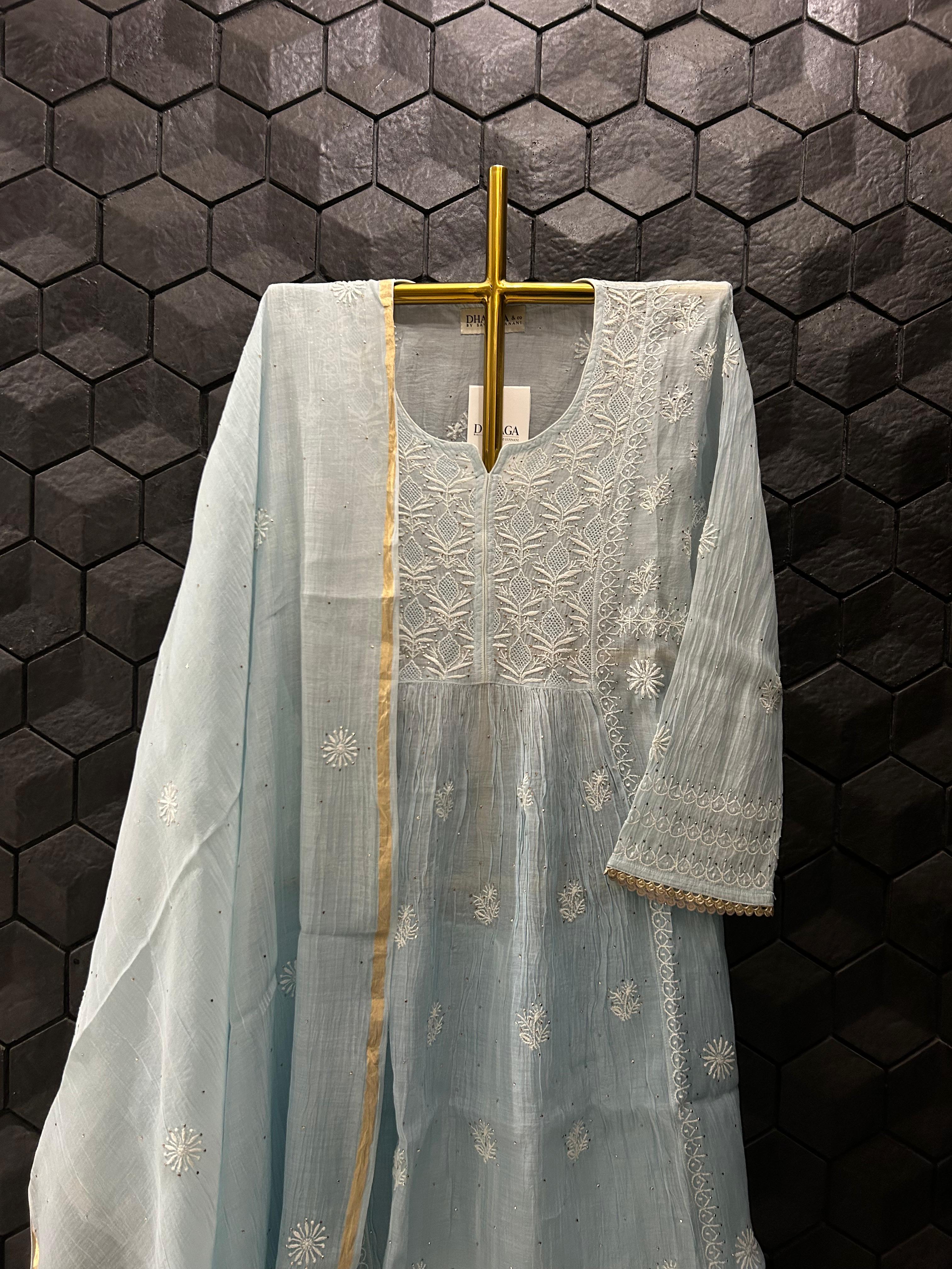 Sky Blue mul chanderi chikankari sharara set