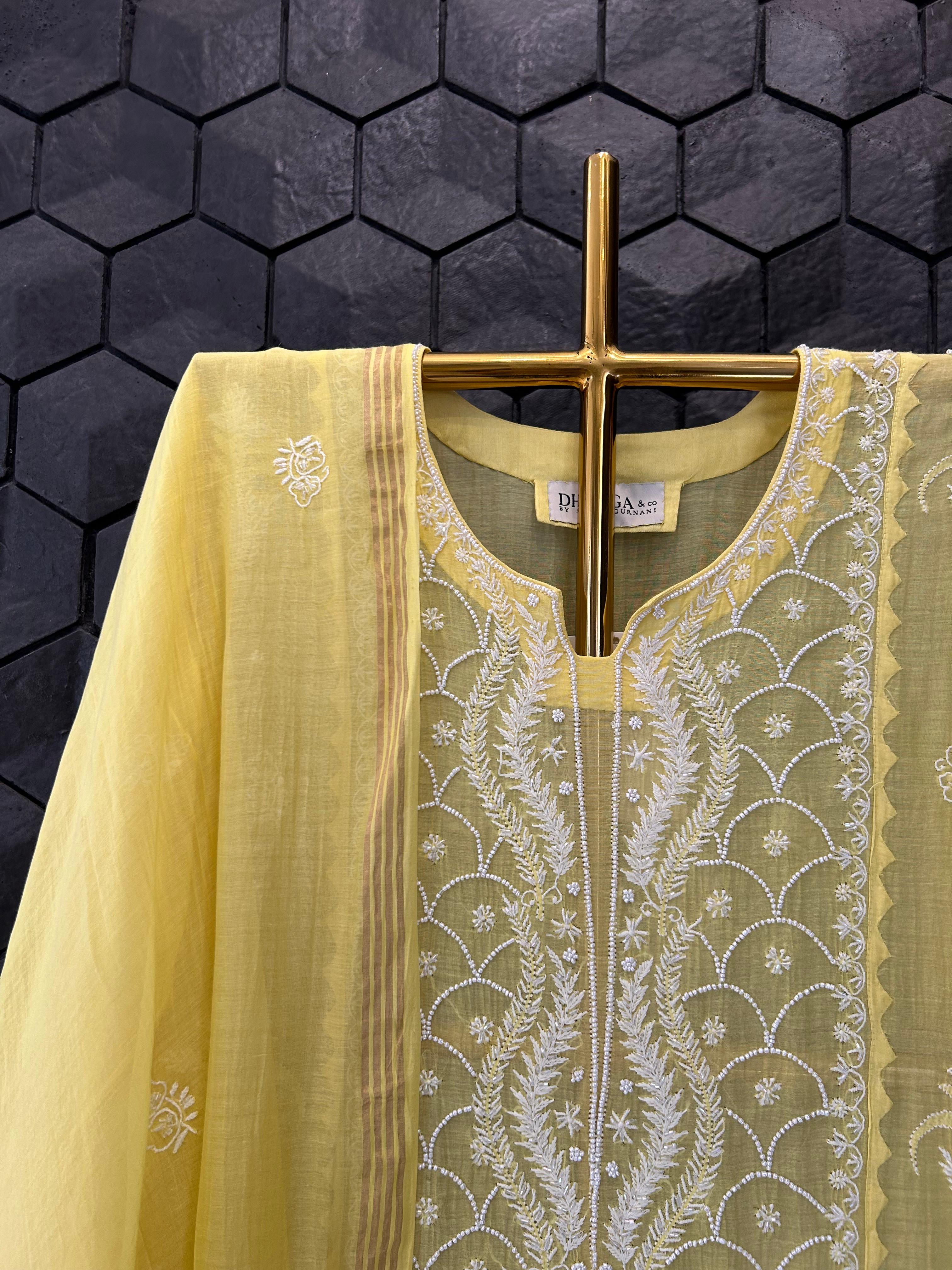 Yellow mul chanderi chikankari kurta set