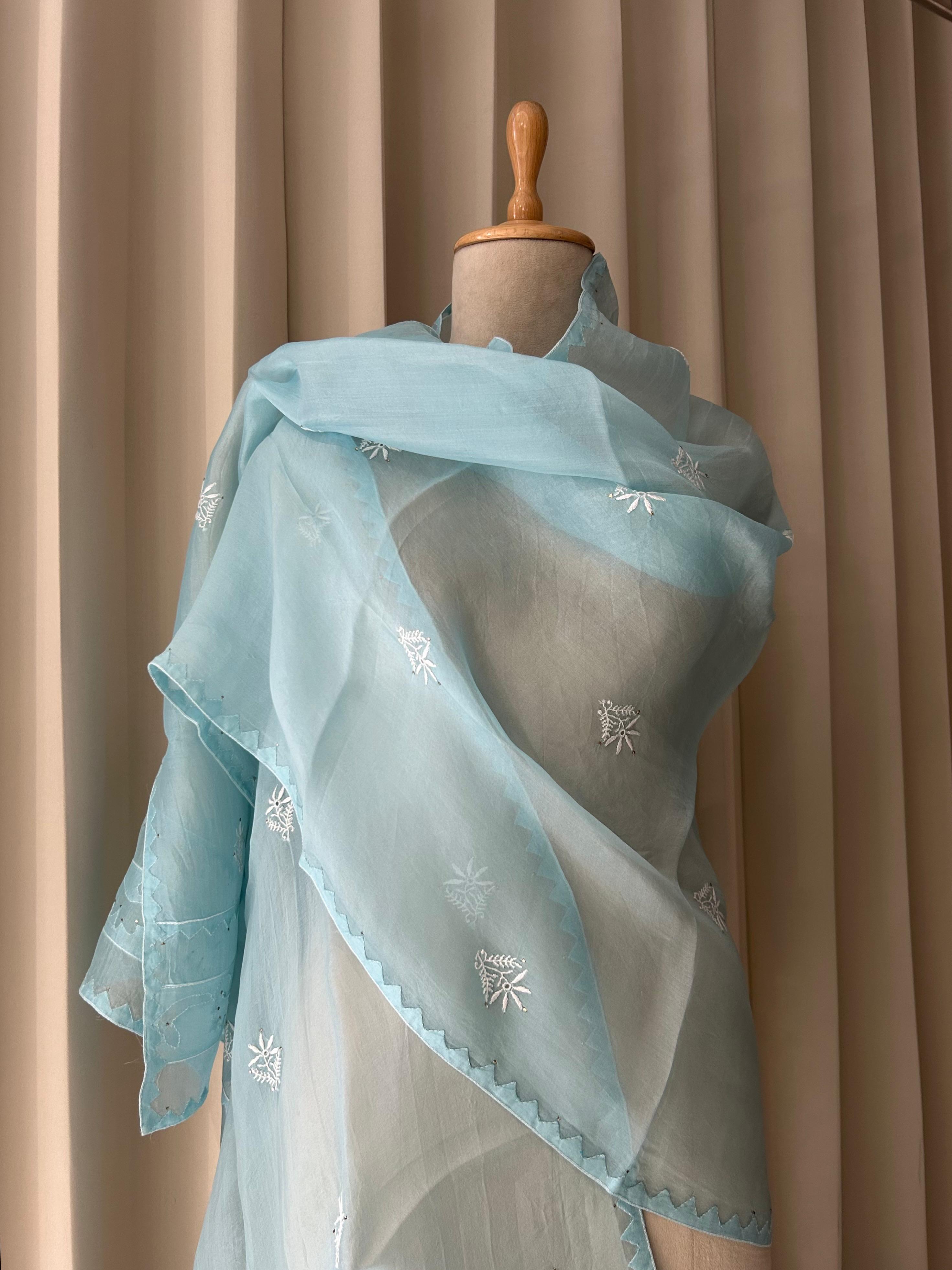 Blue organza chikankari dupatta