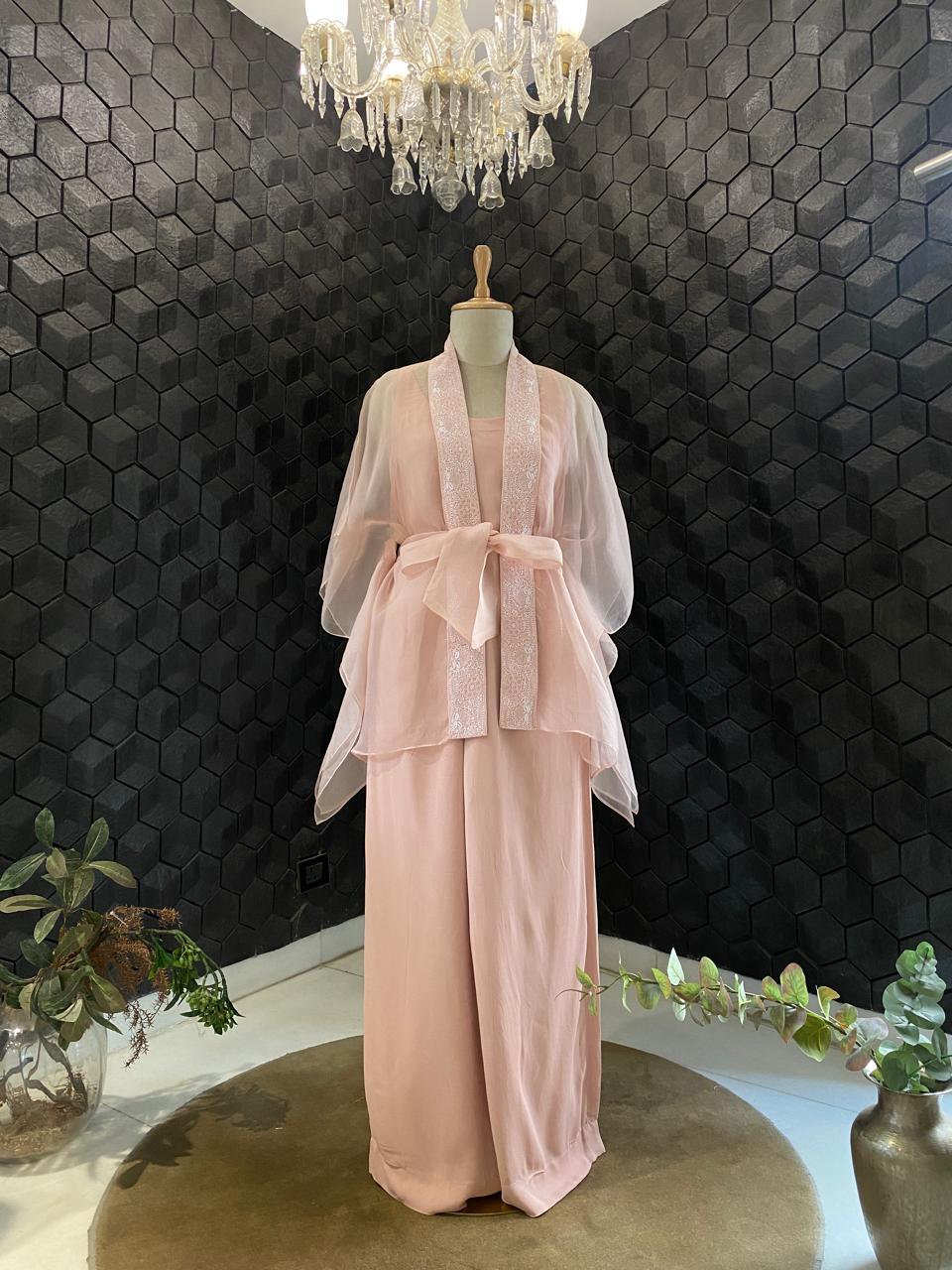 Pink Organza Chikankari Cape Set