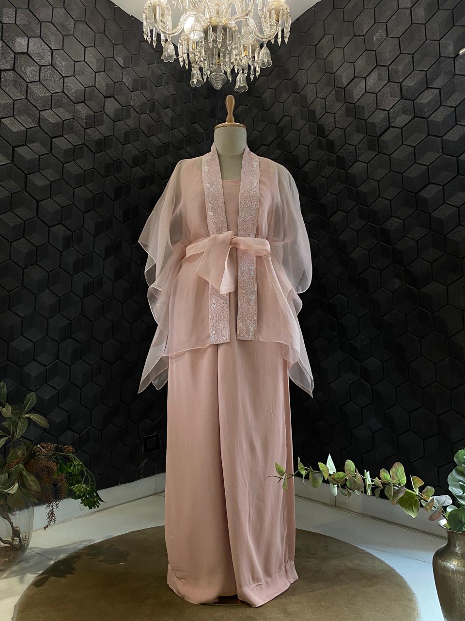 Pink Organza Chikankari Cape Set