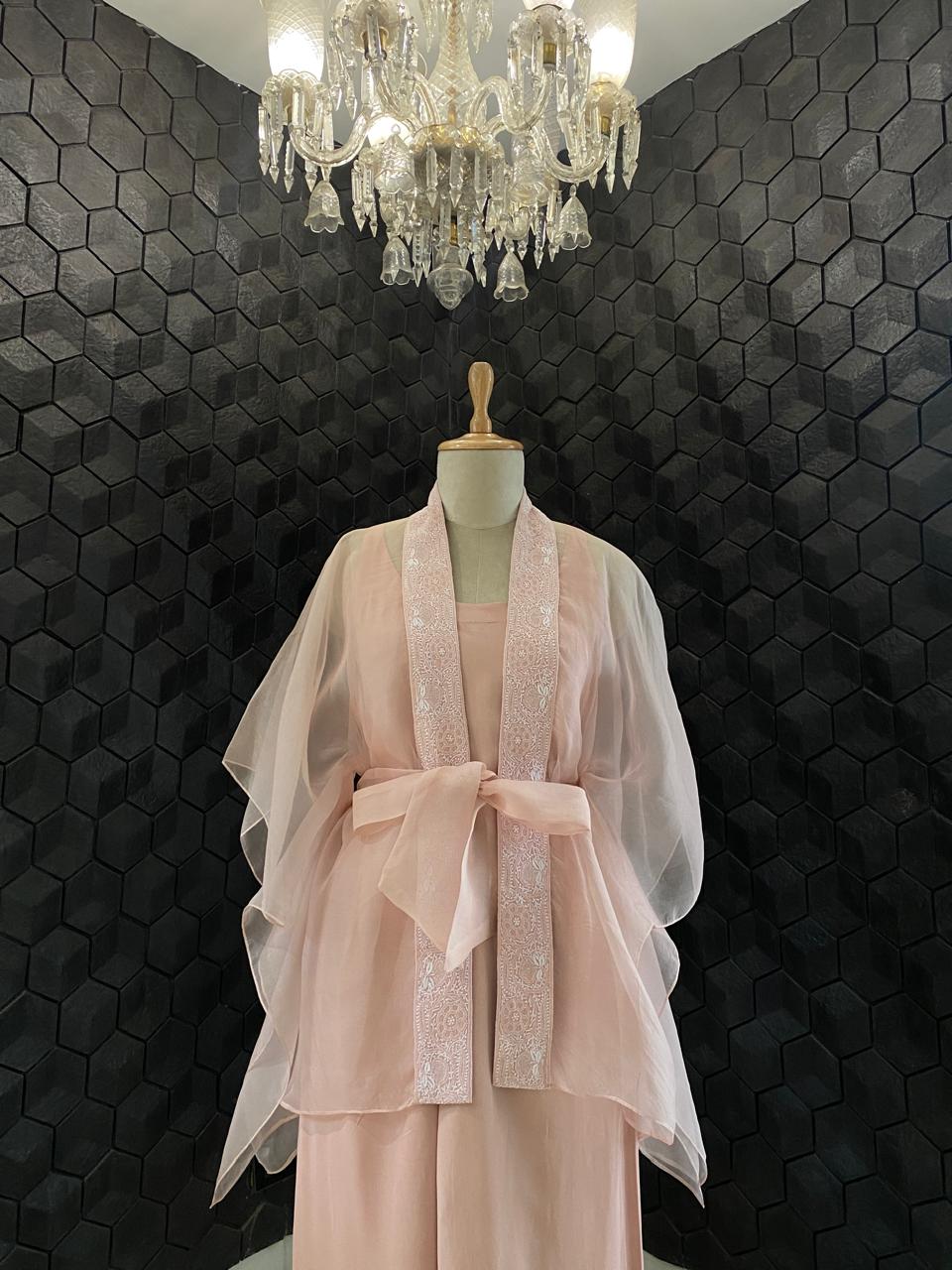 Pink Organza Chikankari Cape Set