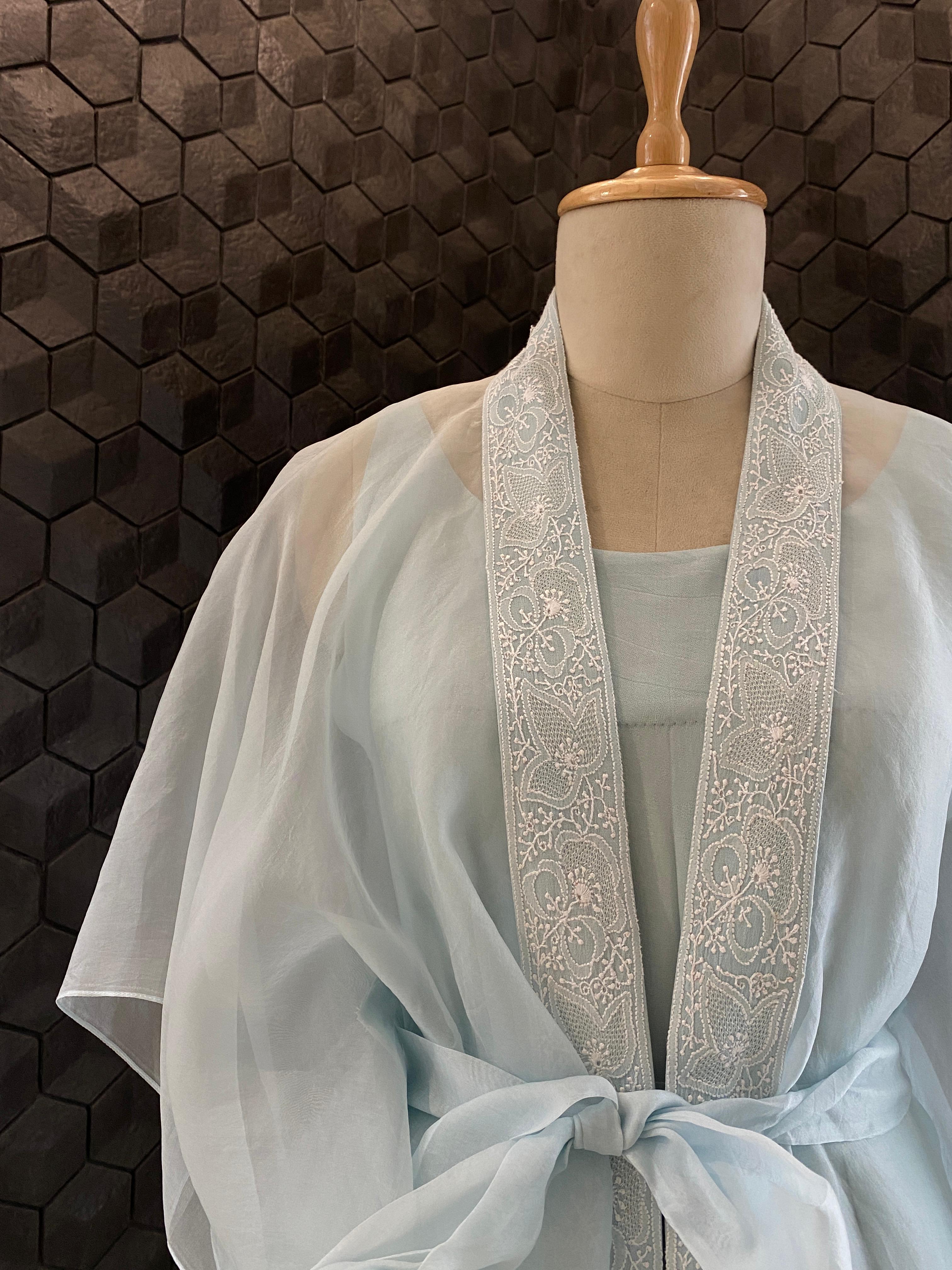 Blue organza chikankari cape set