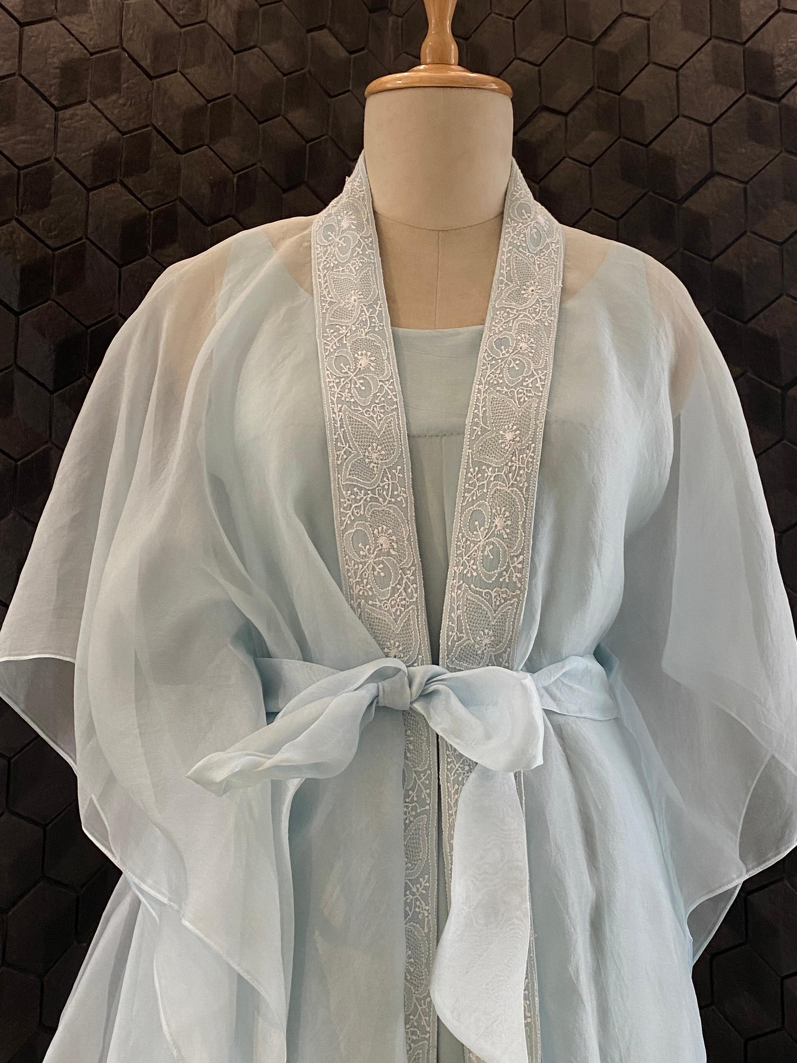 Blue organza chikankari cape set