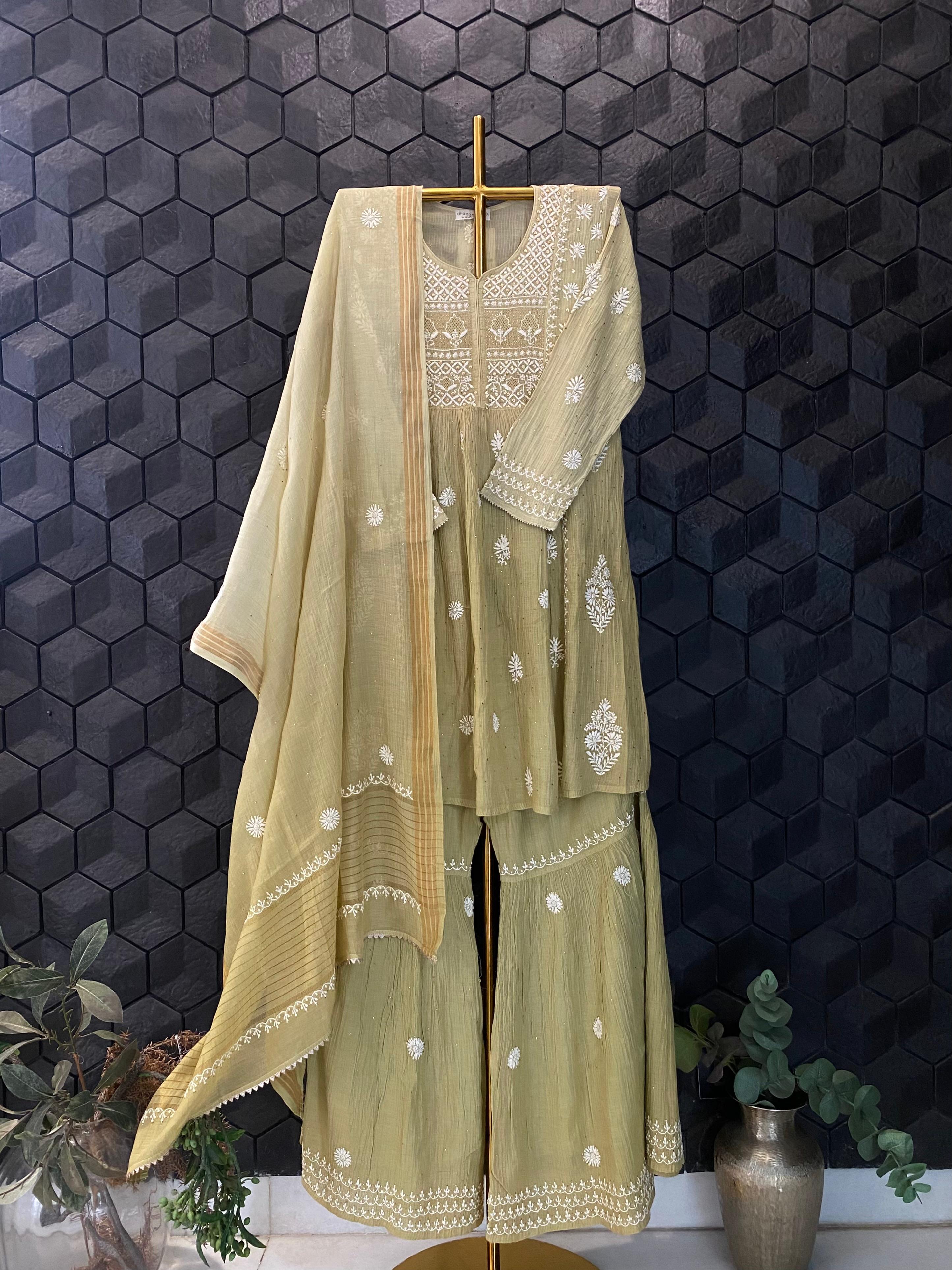 Green Mul chanderi chikankari sharara set