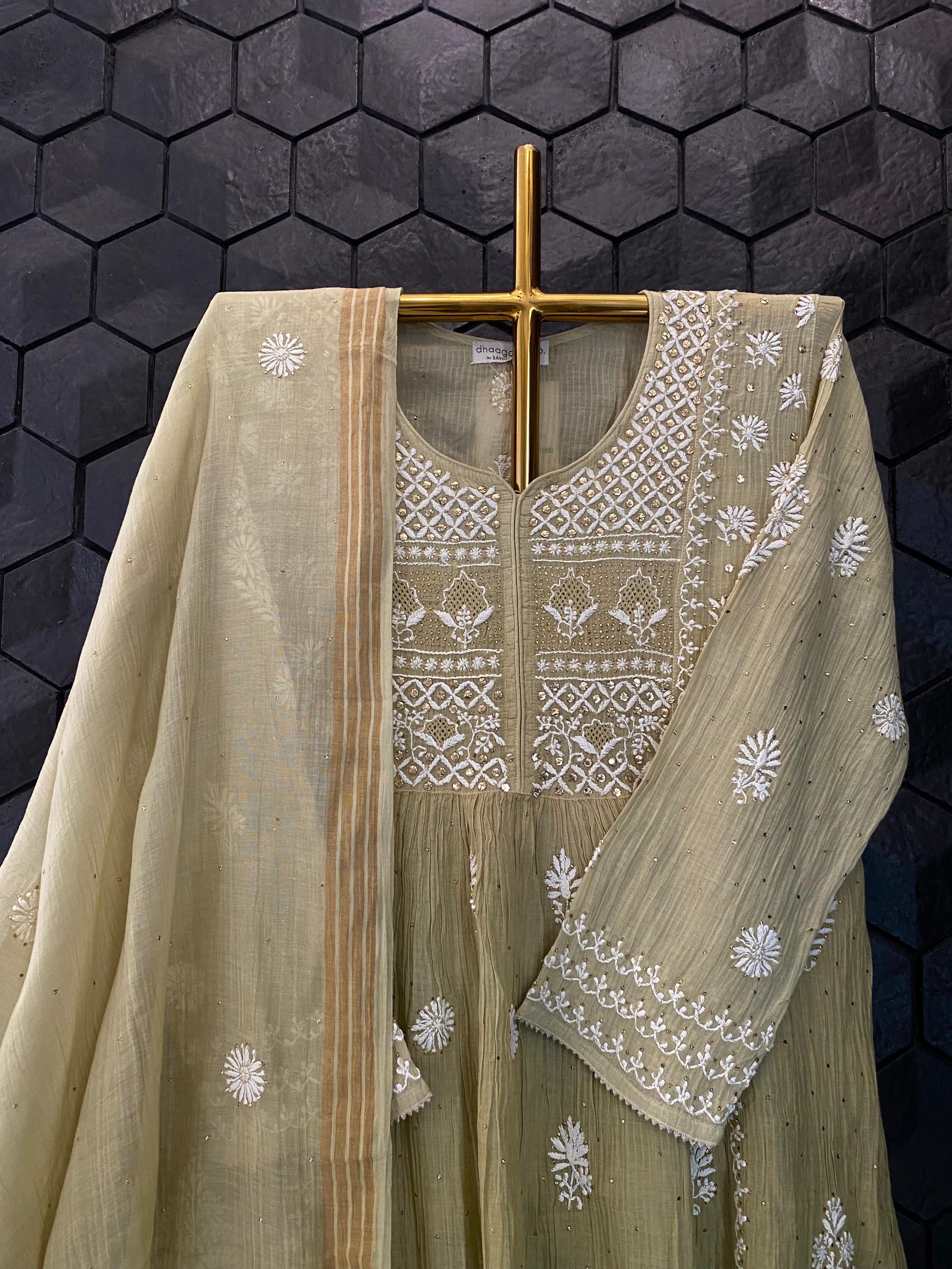 Green Mul chanderi chikankari sharara set