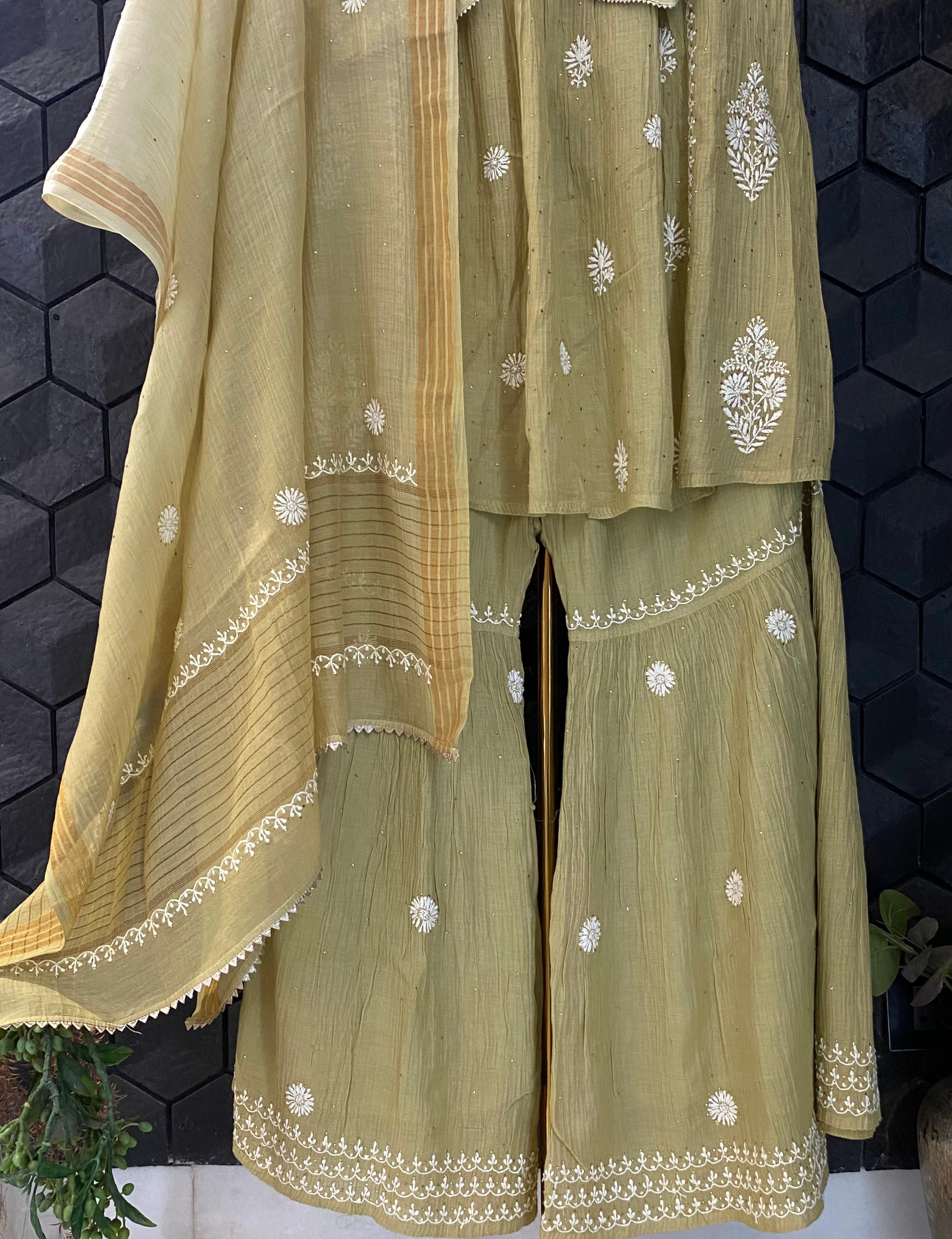 Green Mul chanderi chikankari sharara set