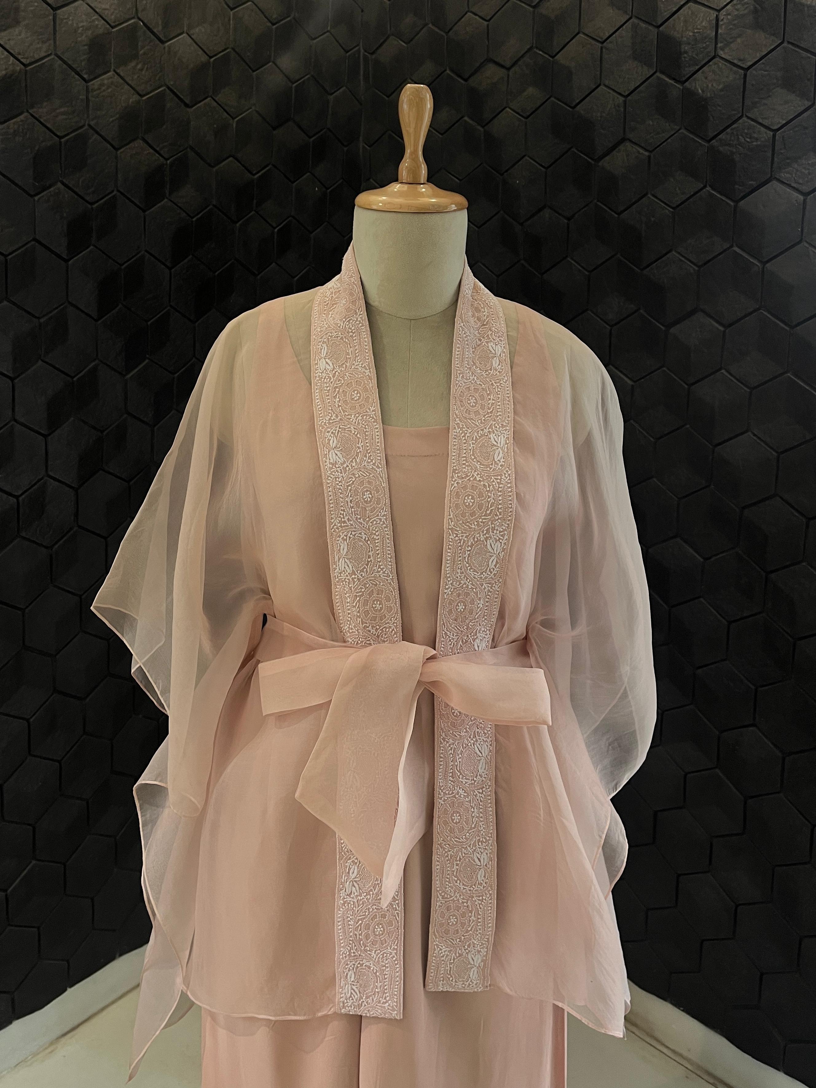 Pink Organza Chikankari Cape Set