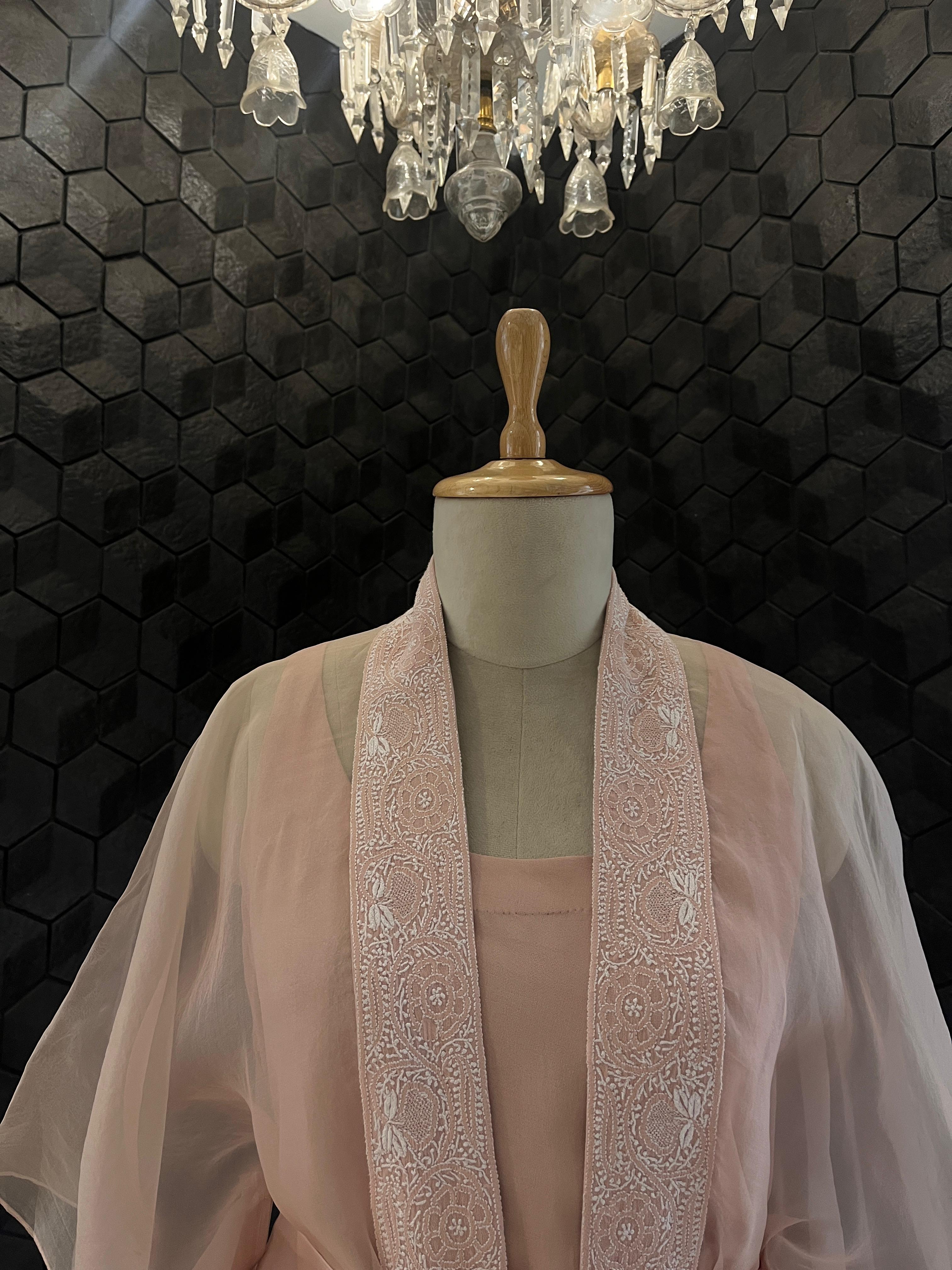 Pink Organza Chikankari Cape Set