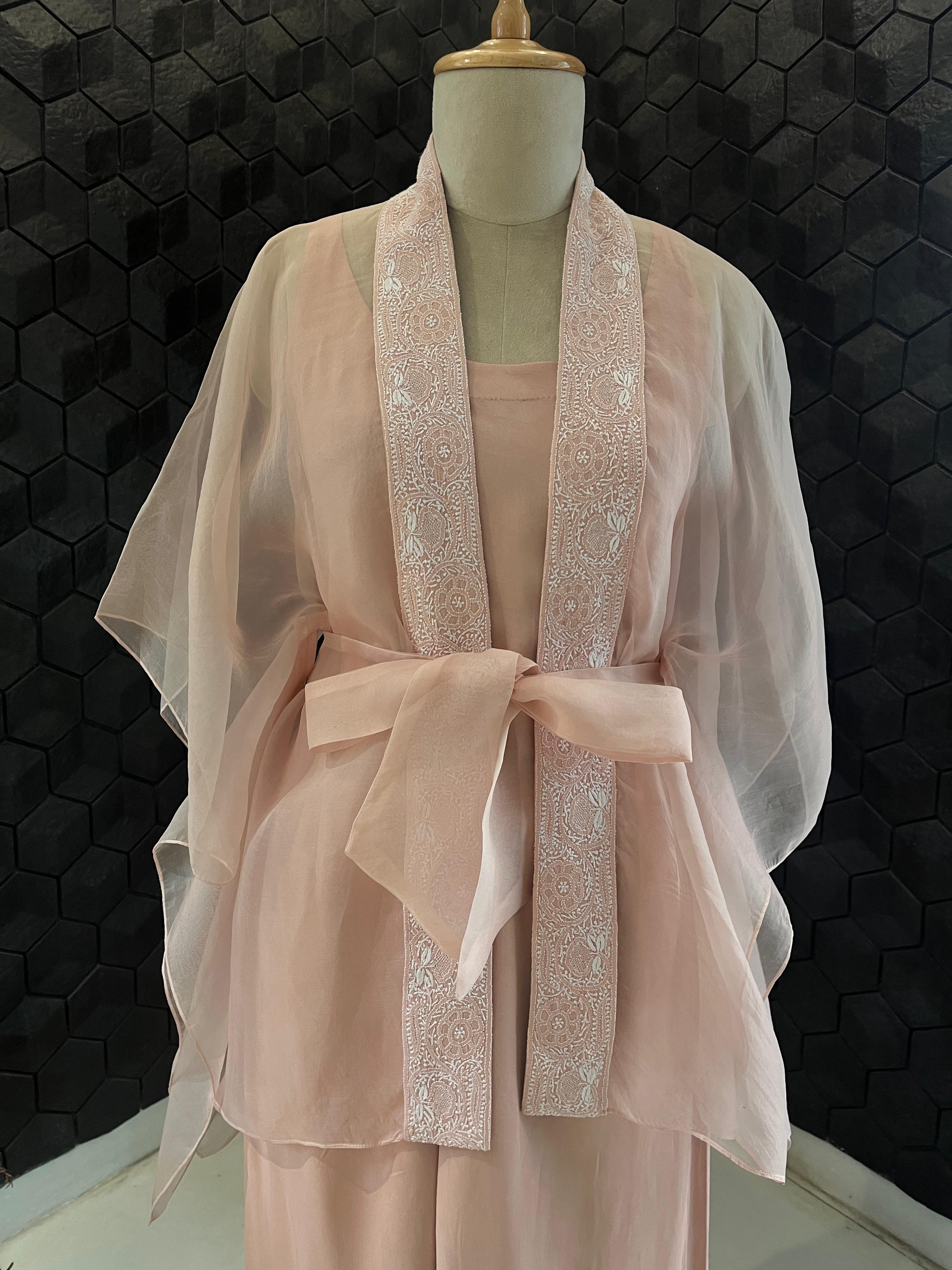 Pink Organza Chikankari Cape Set