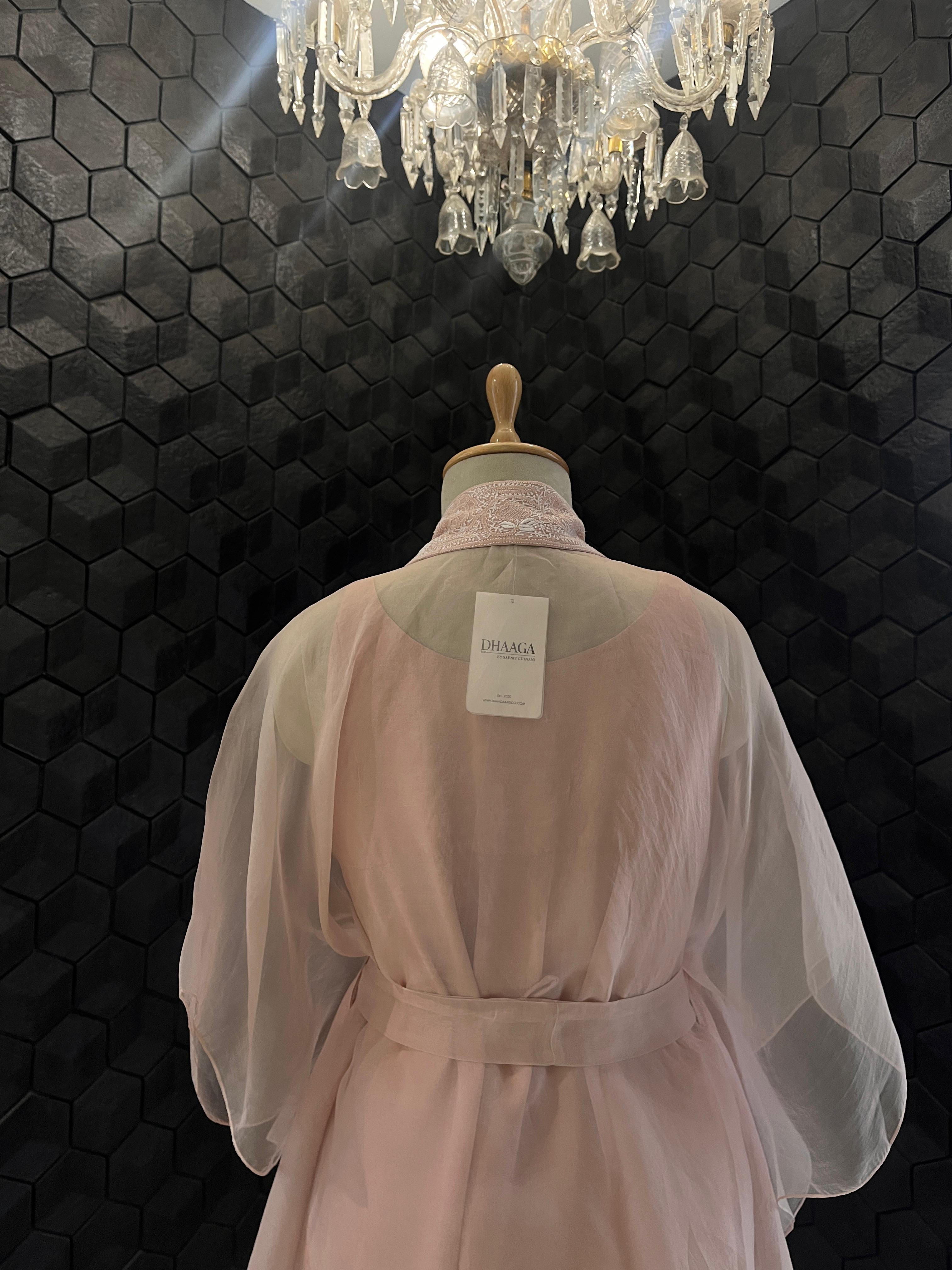 Pink Organza Chikankari Cape Set