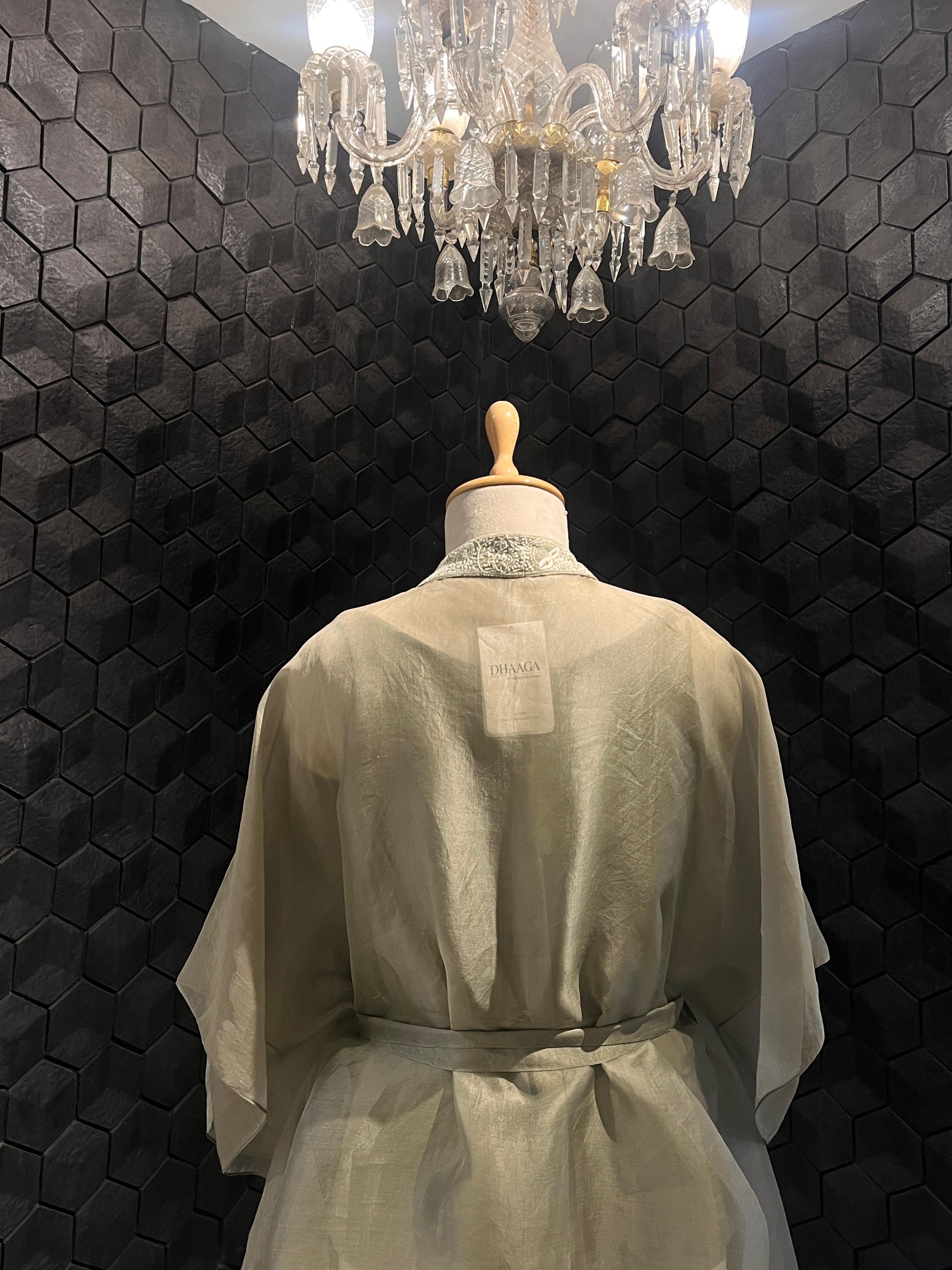 Green organza chikankari cape set