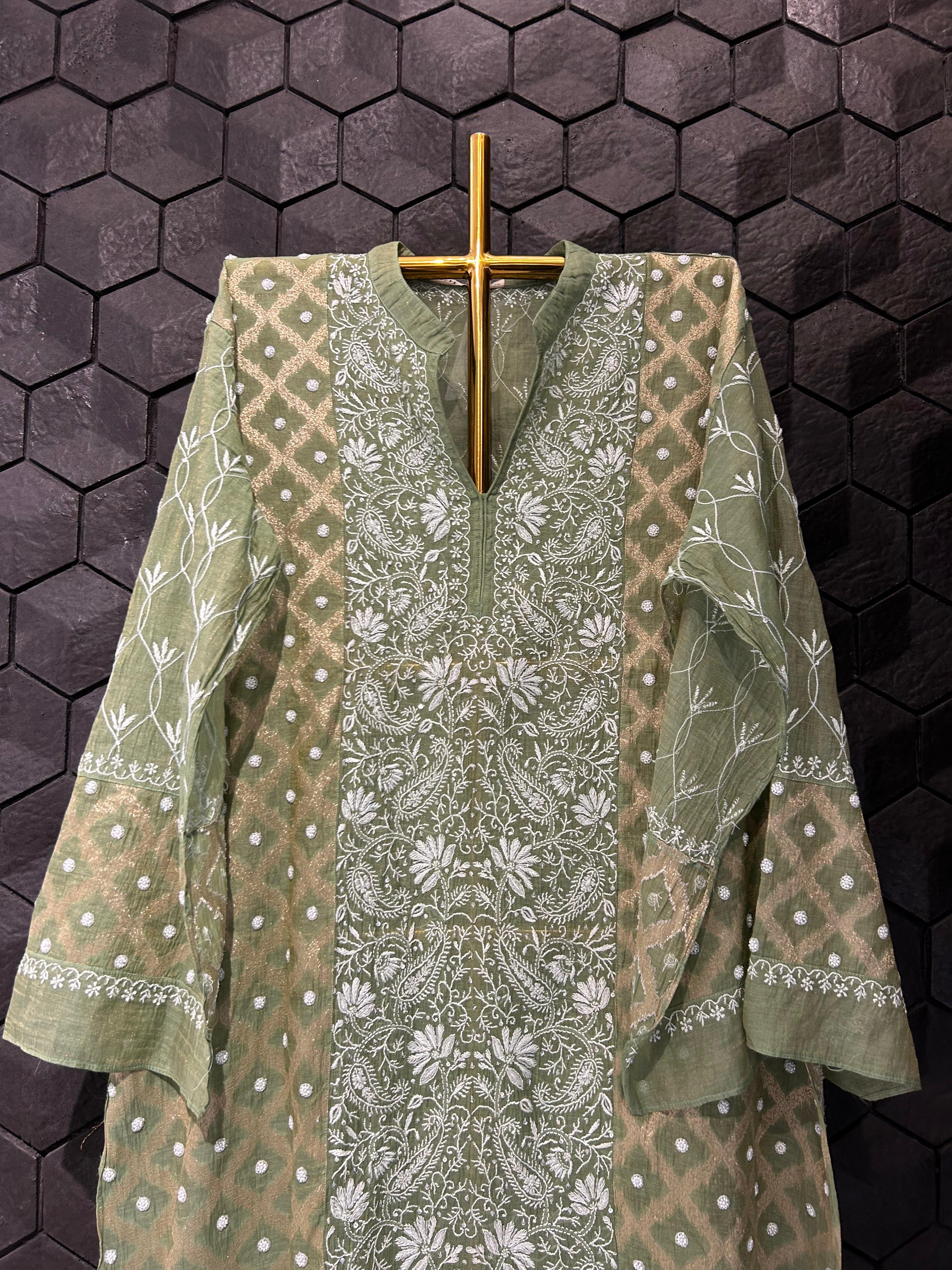 Dark green tissue chikankari co-ord set