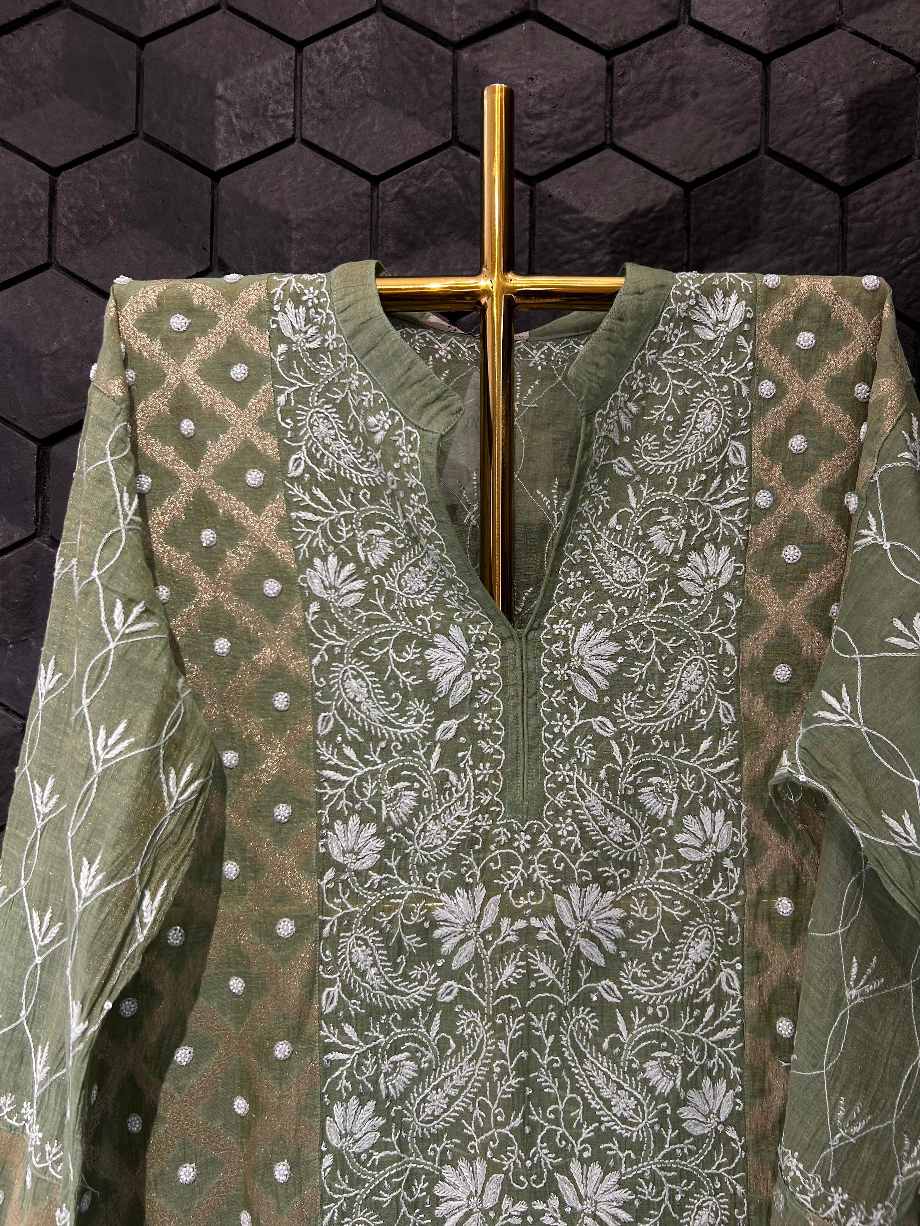 Dark green tissue chikankari co-ord set