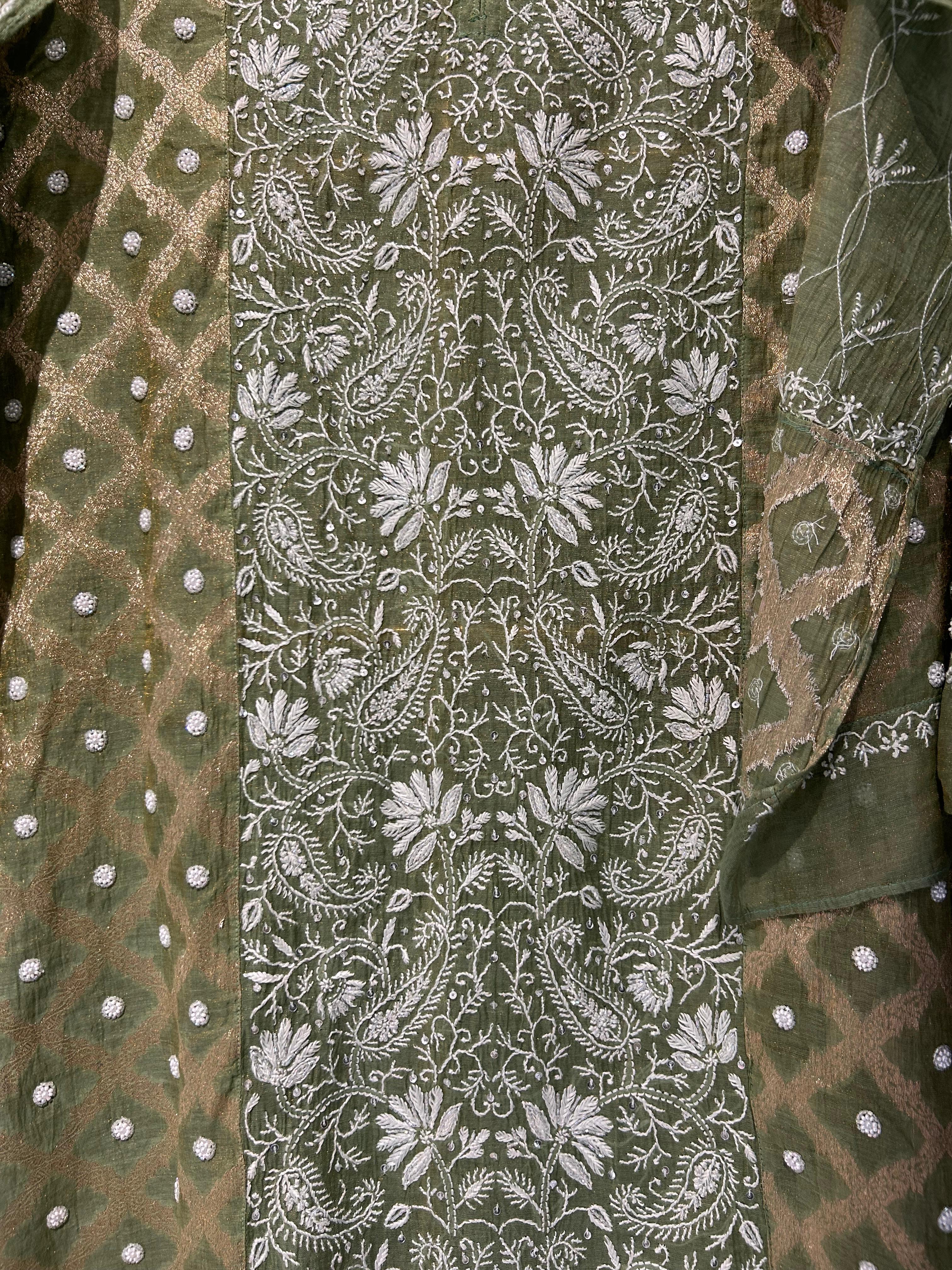 Dark green tissue chikankari co-ord set