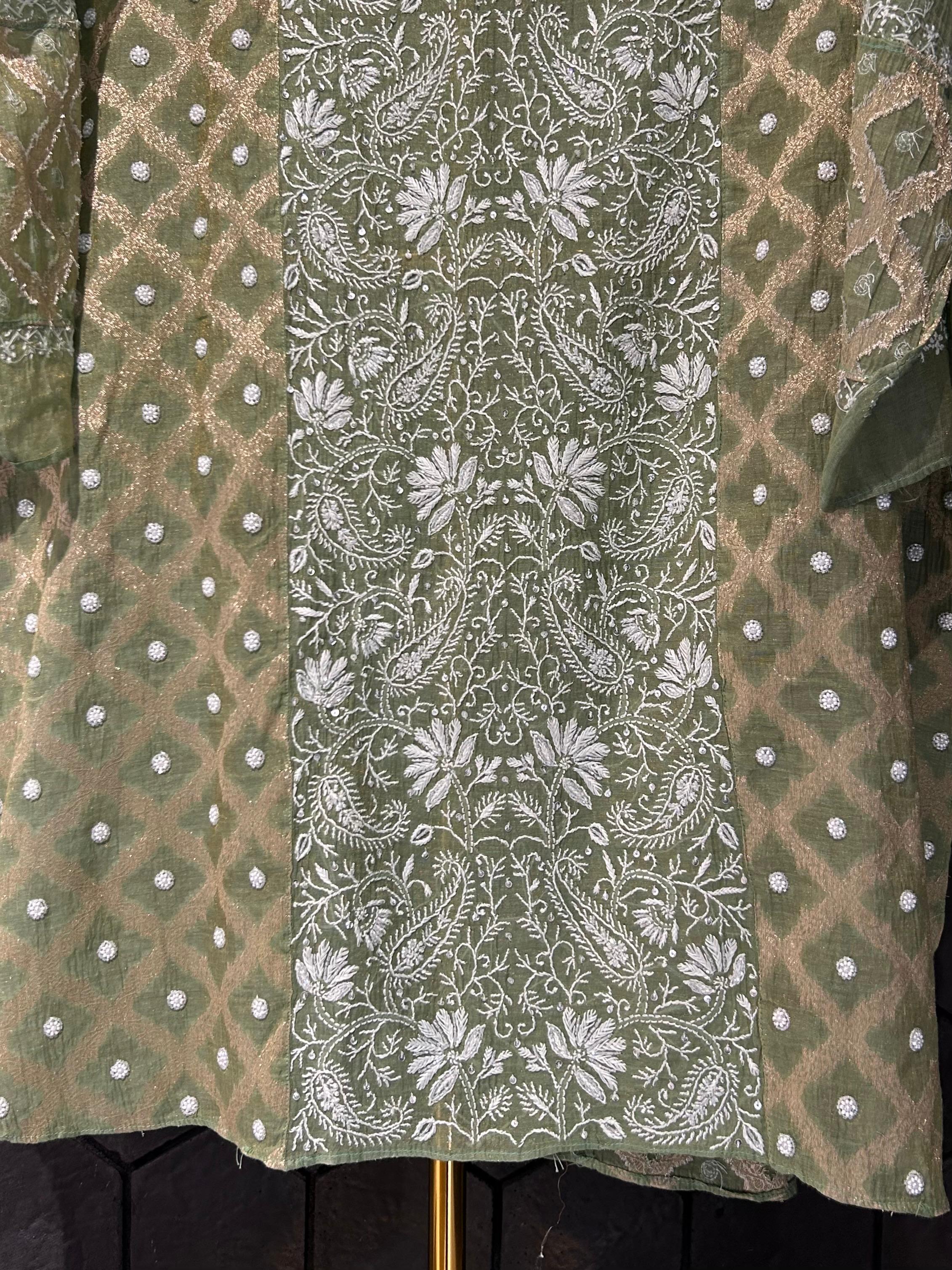 Dark green tissue chikankari co-ord set