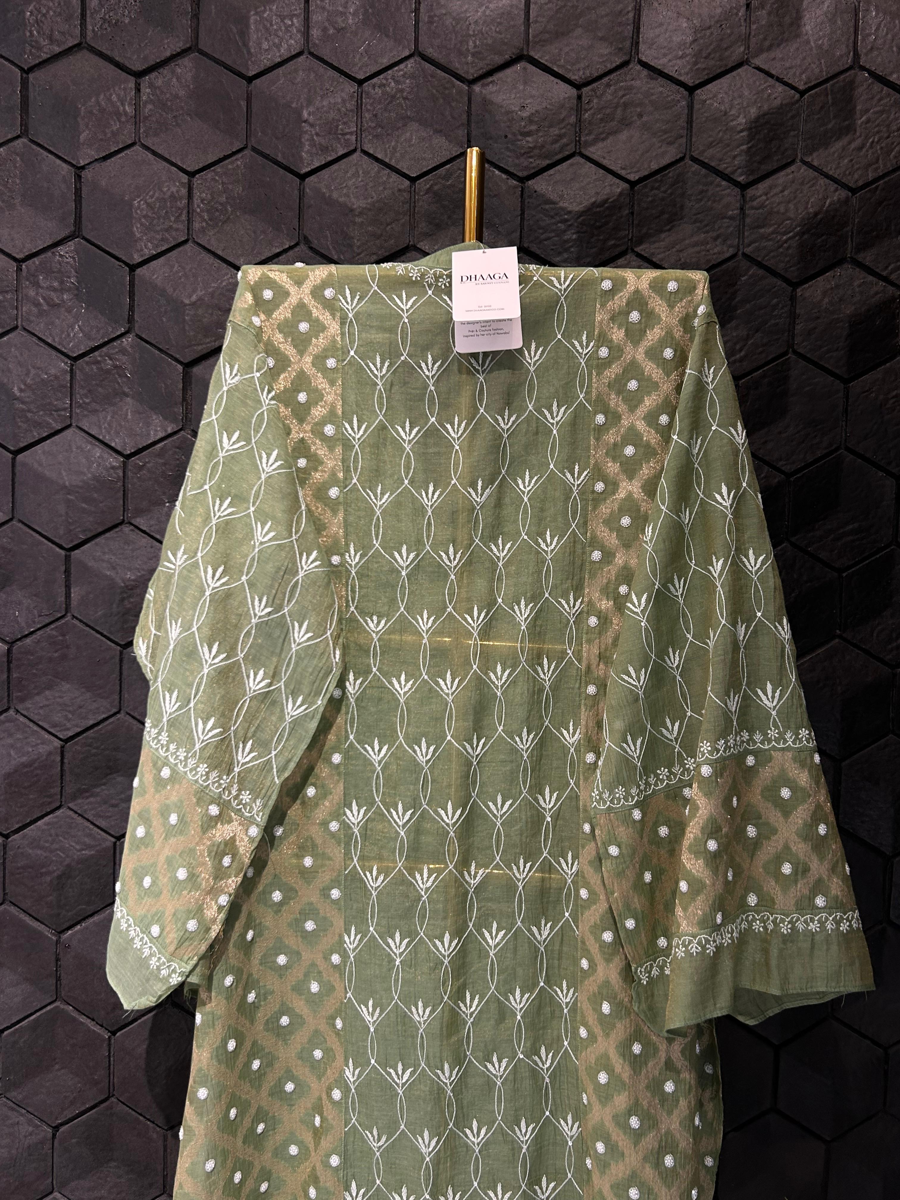 Dark green tissue chikankari co-ord set