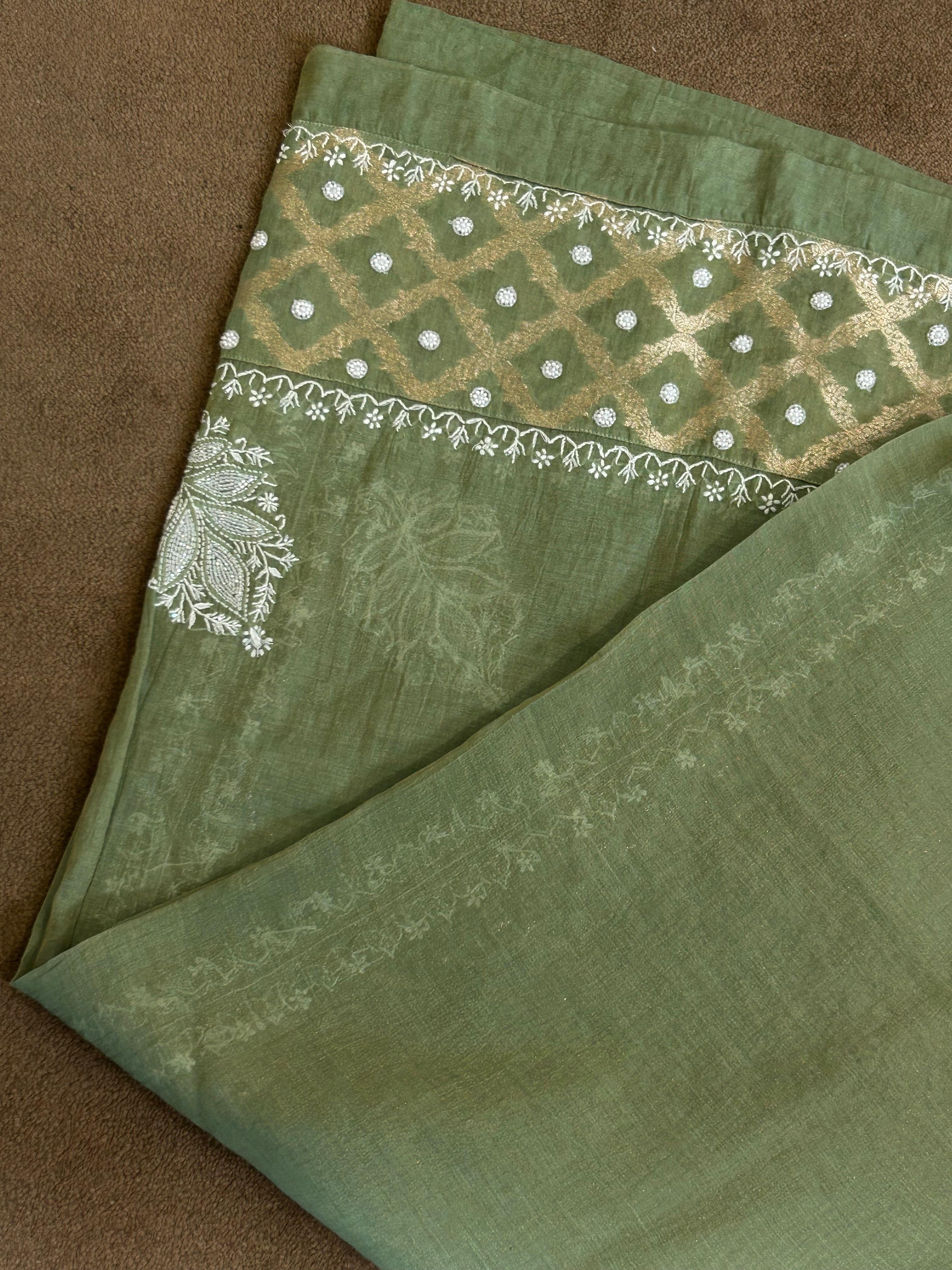 Dark green tissue chikankari co-ord set