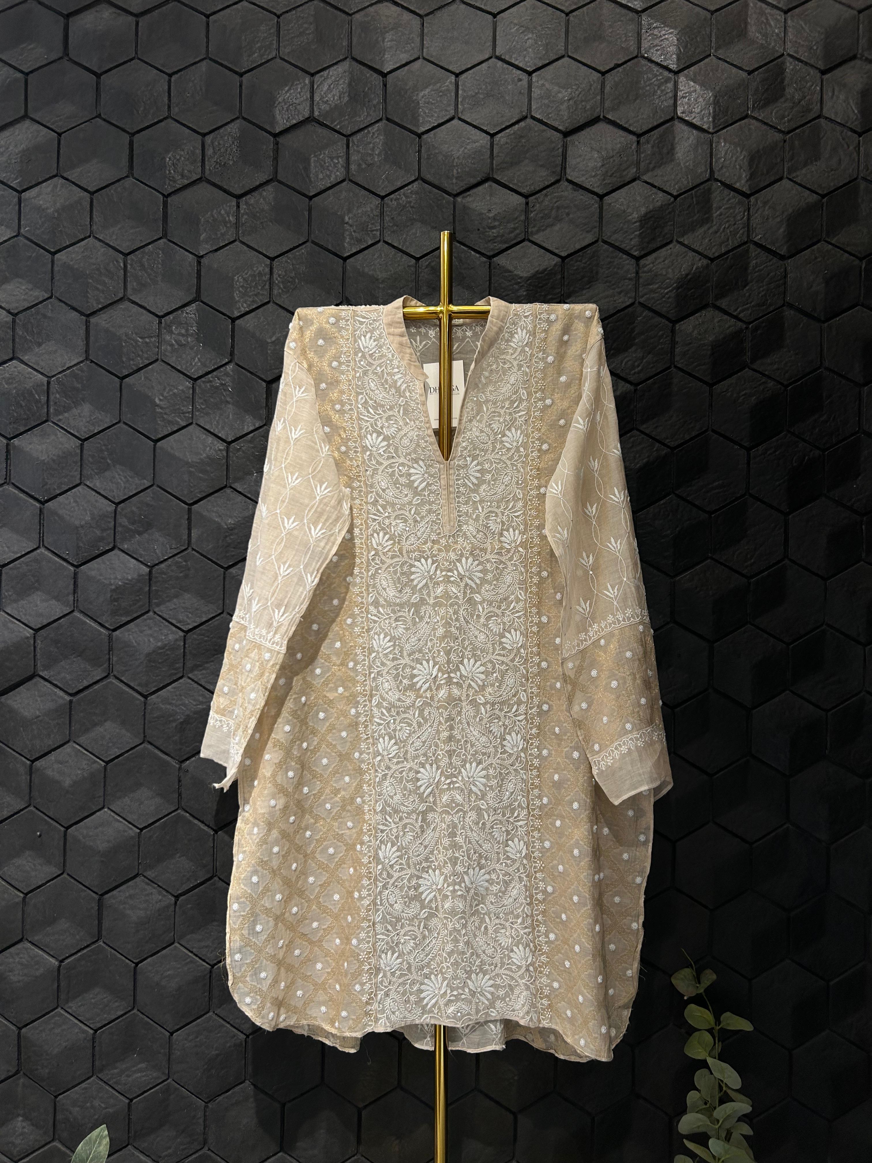 Beige tissue chikankari co-ord set