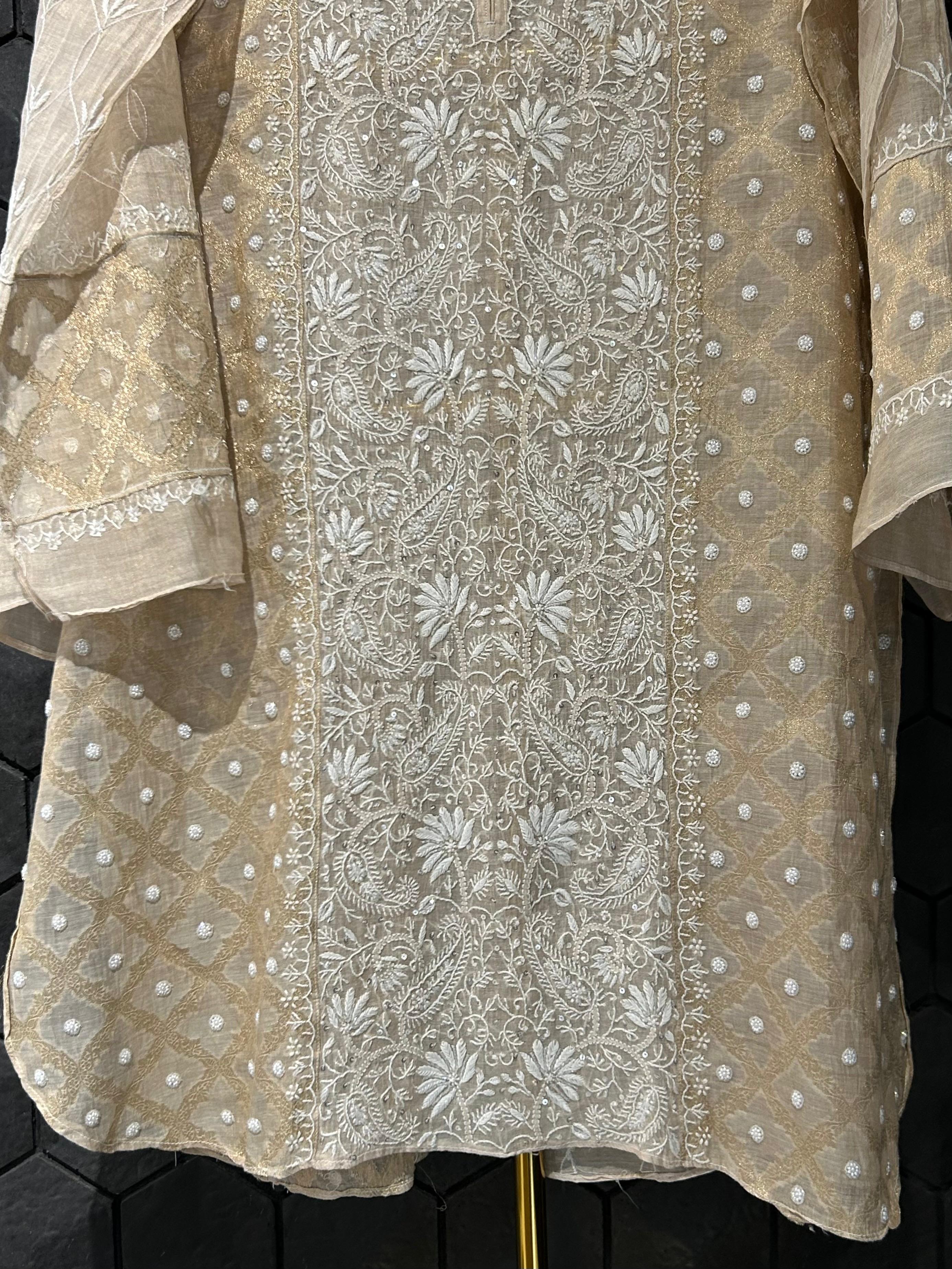 Beige tissue chikankari co-ord set