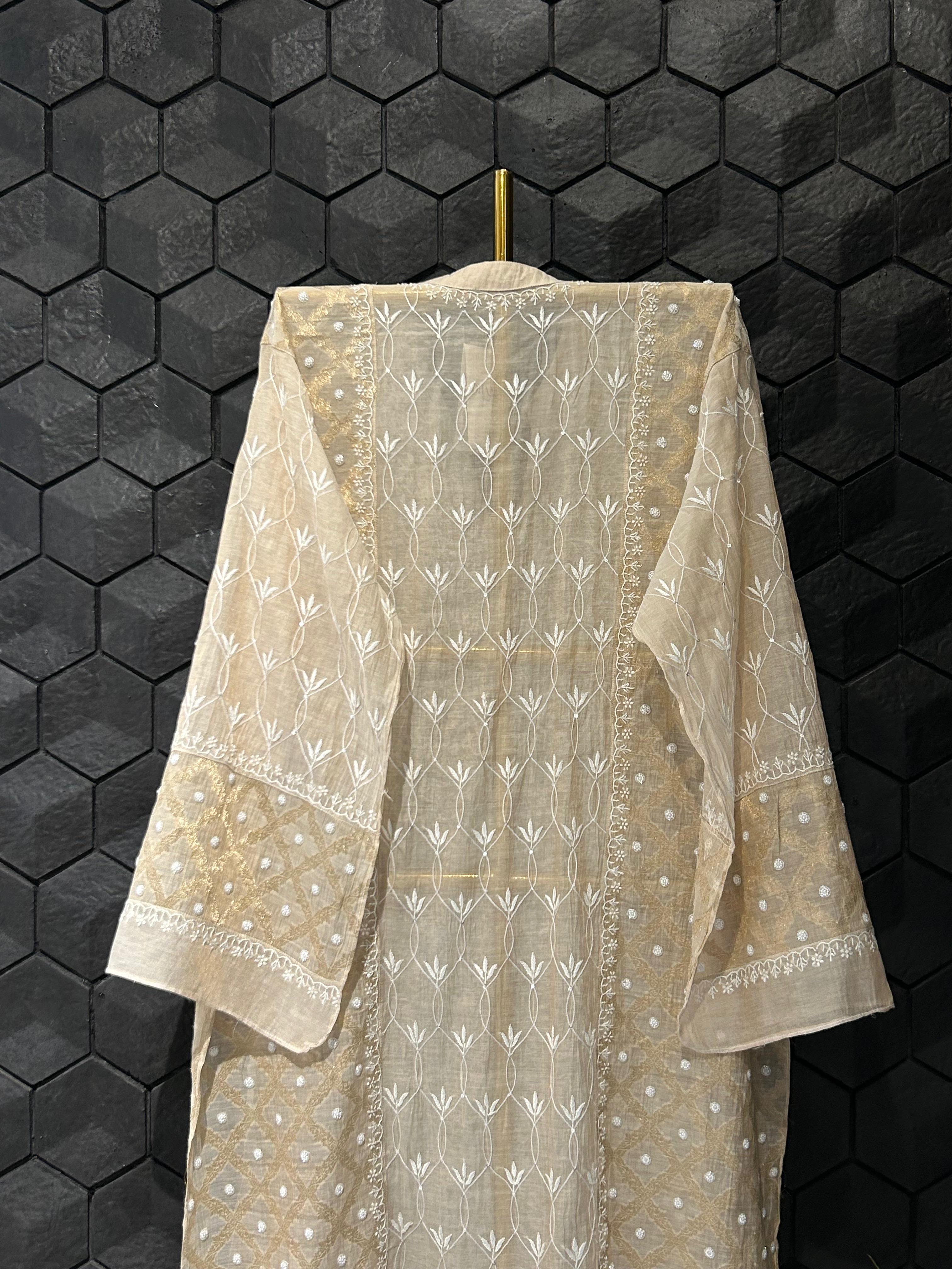 Beige tissue chikankari co-ord set