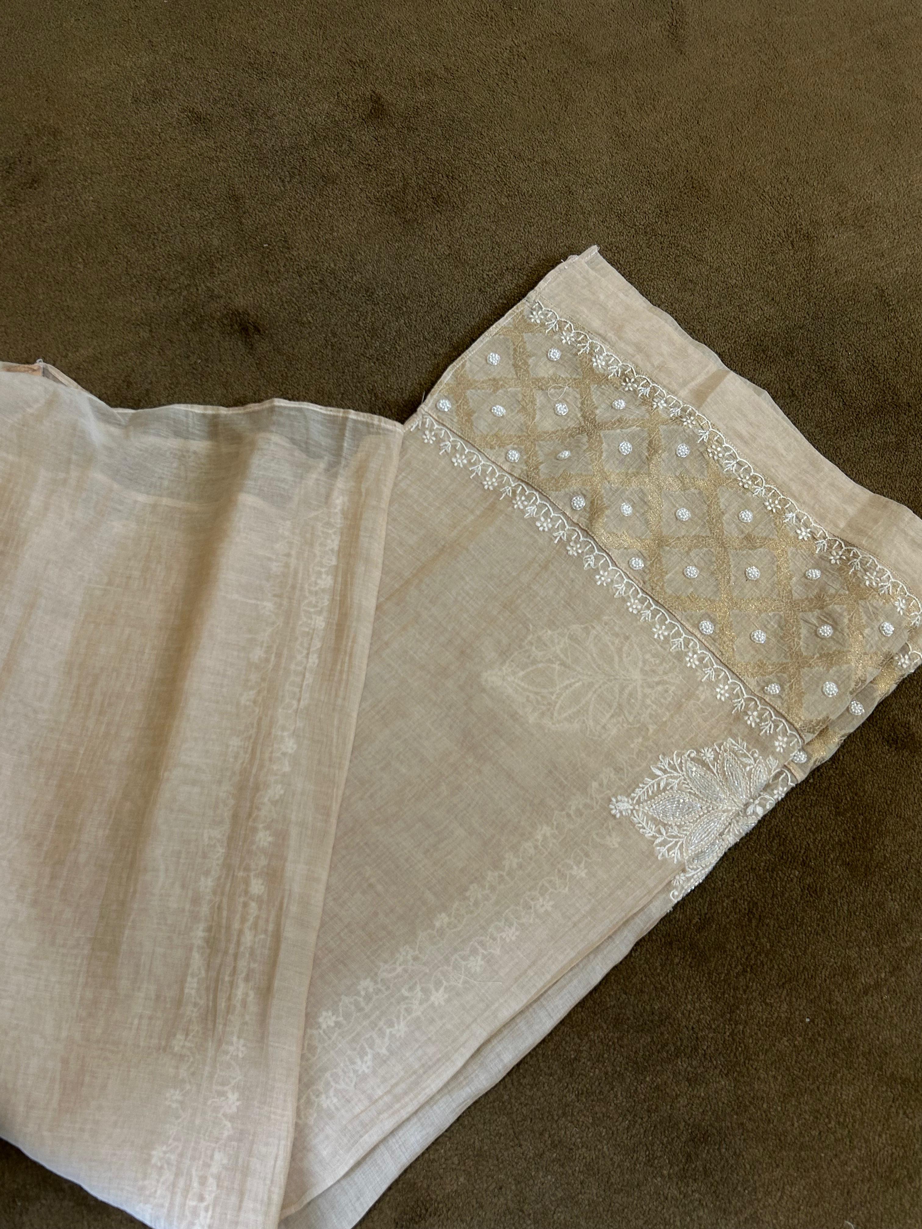 Beige tissue chikankari co-ord set