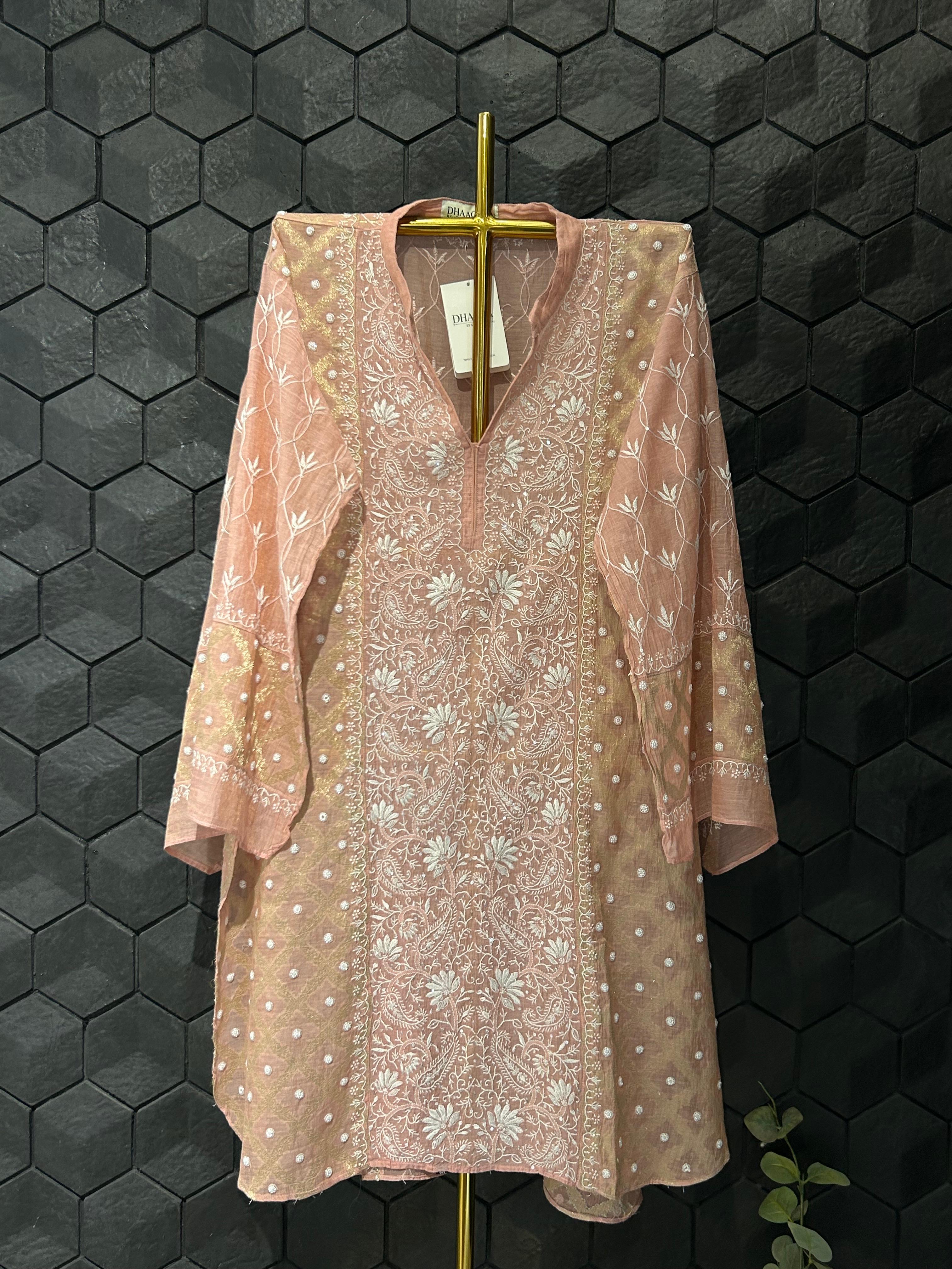 Peach tissue chikankari co-ord set