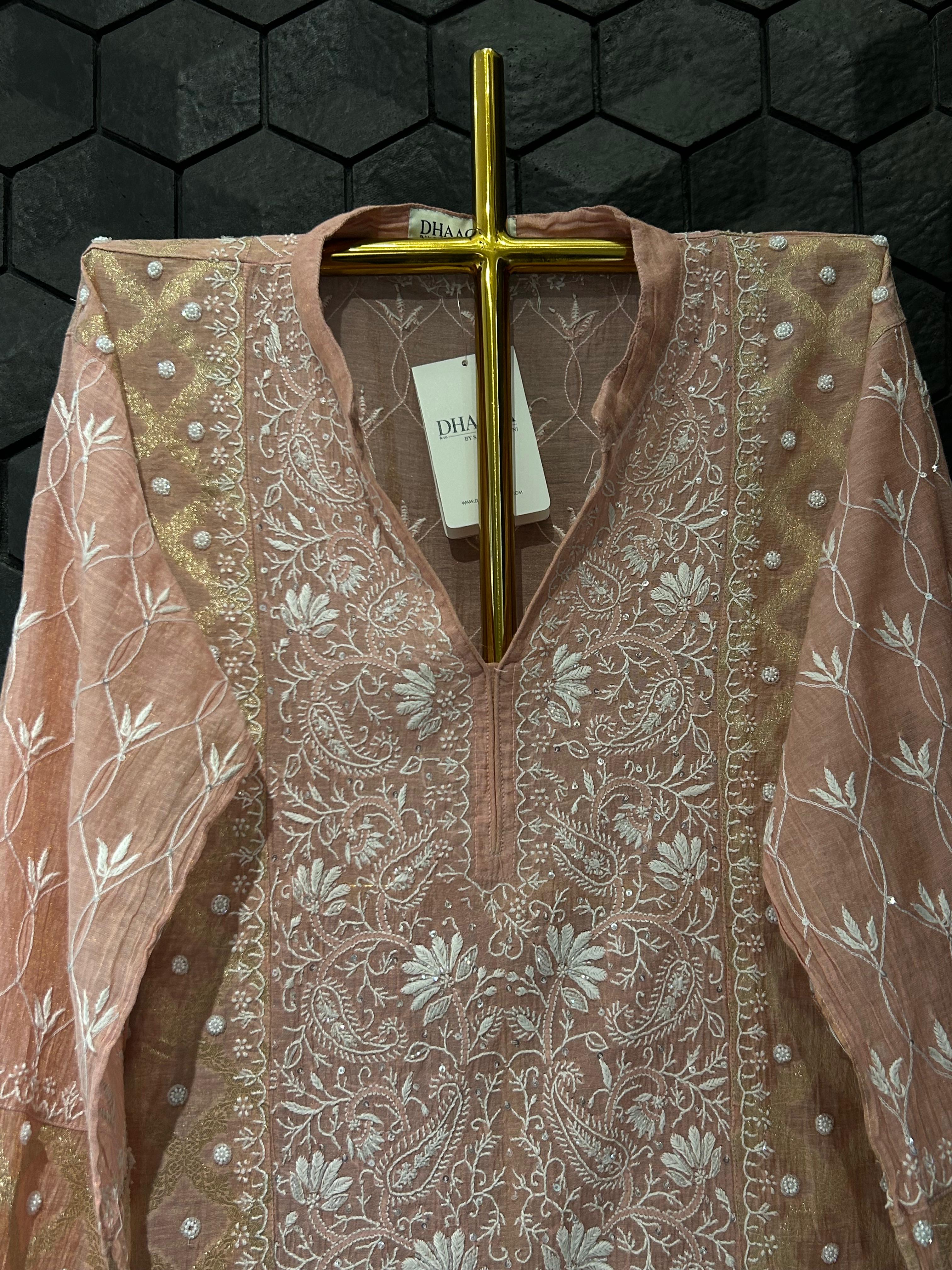Peach tissue chikankari co-ord set