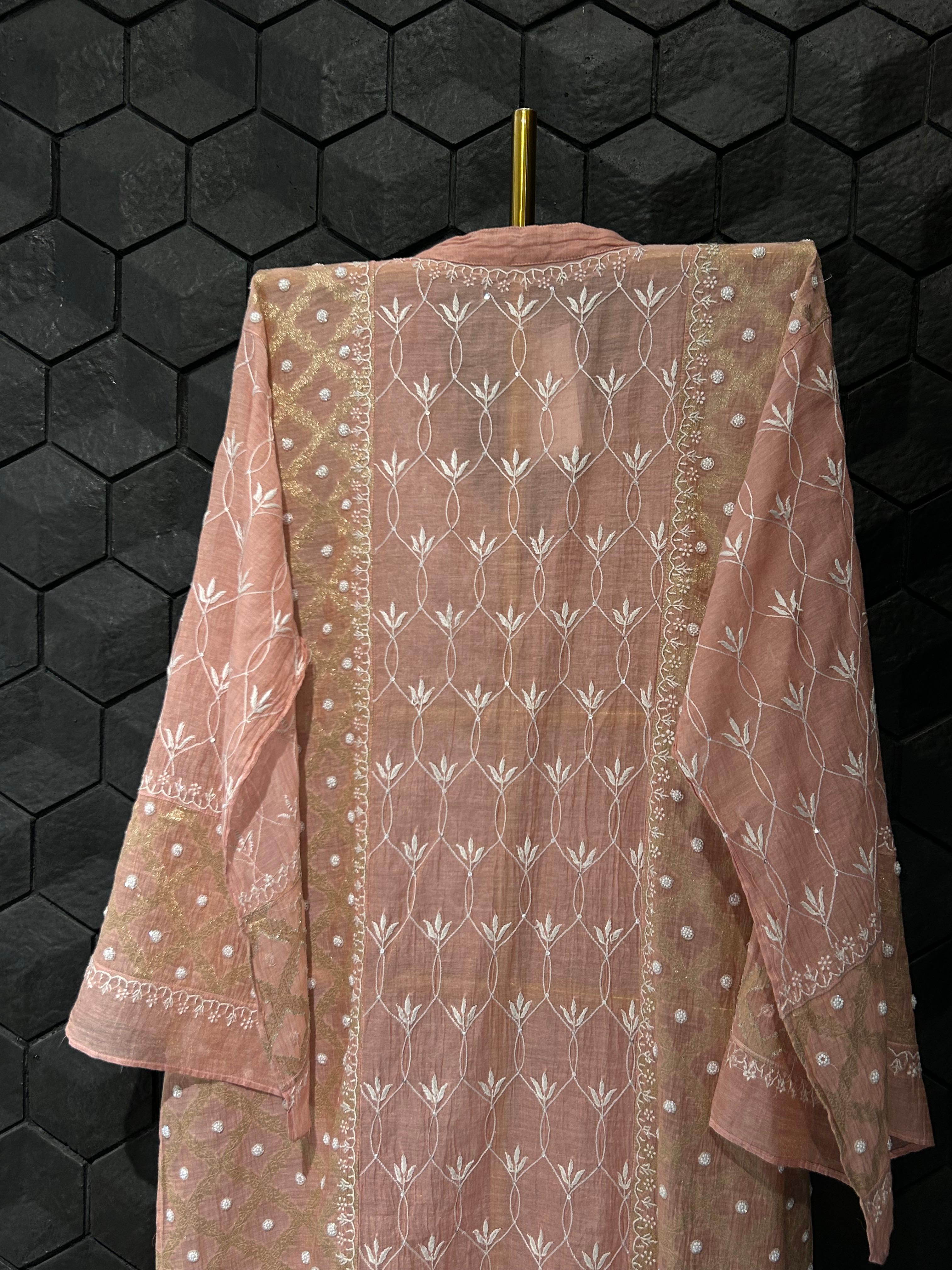 Peach tissue chikankari co-ord set